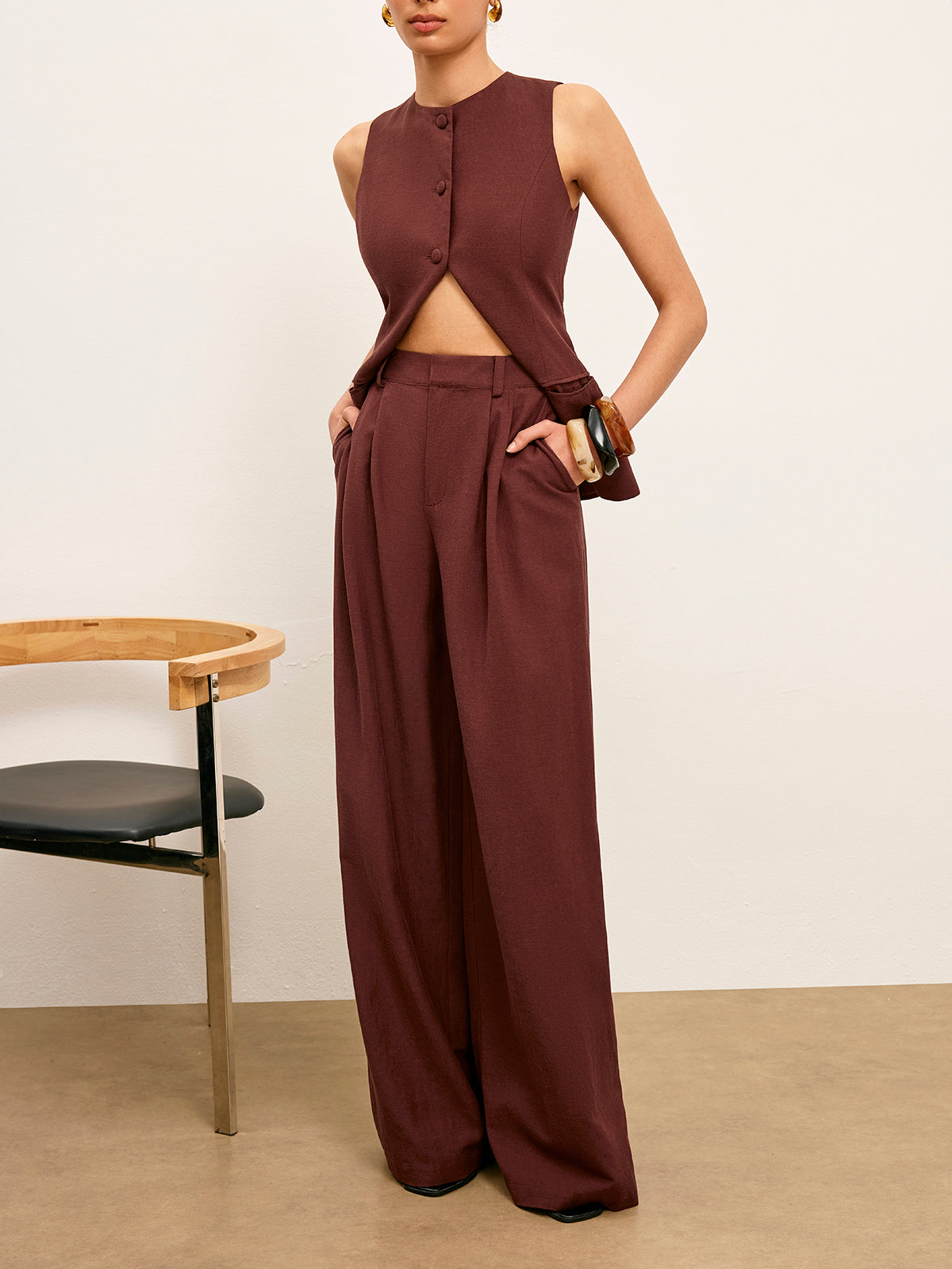 High-Waist-Hose mit weitem Bein und Taschen