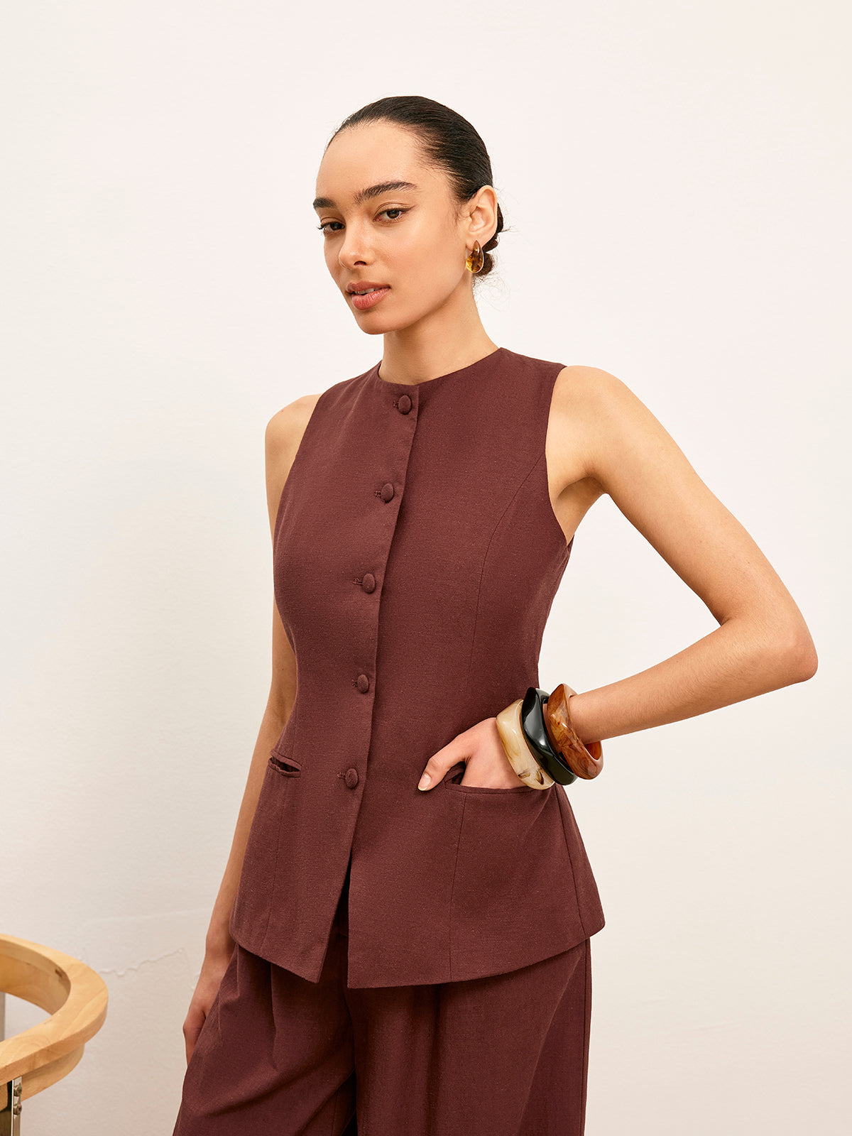 Button-Up Vest With Pocket Detail