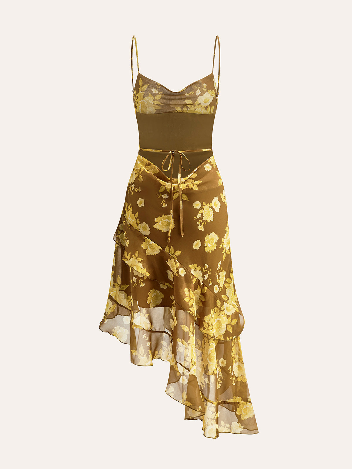 Robe caraco fleurie à volants et ourlet noué au dos