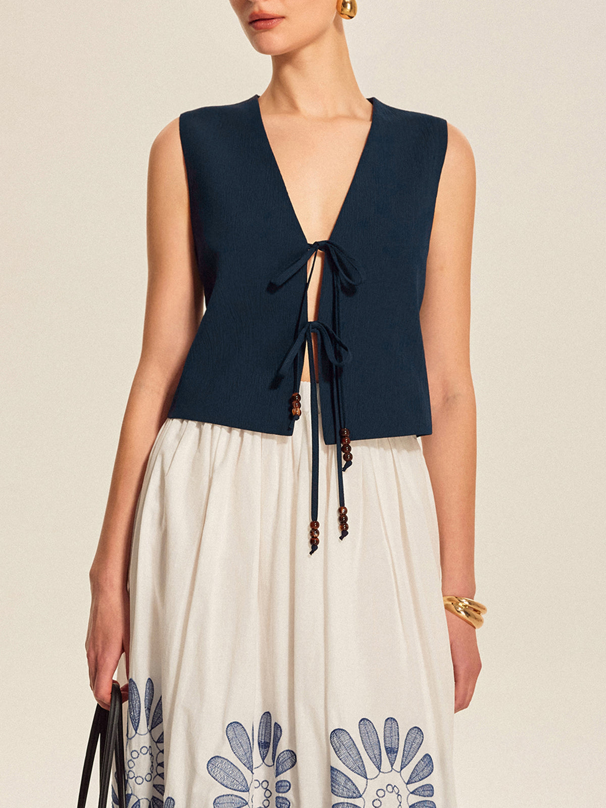 Tie Front Beaded Sleeveless Top