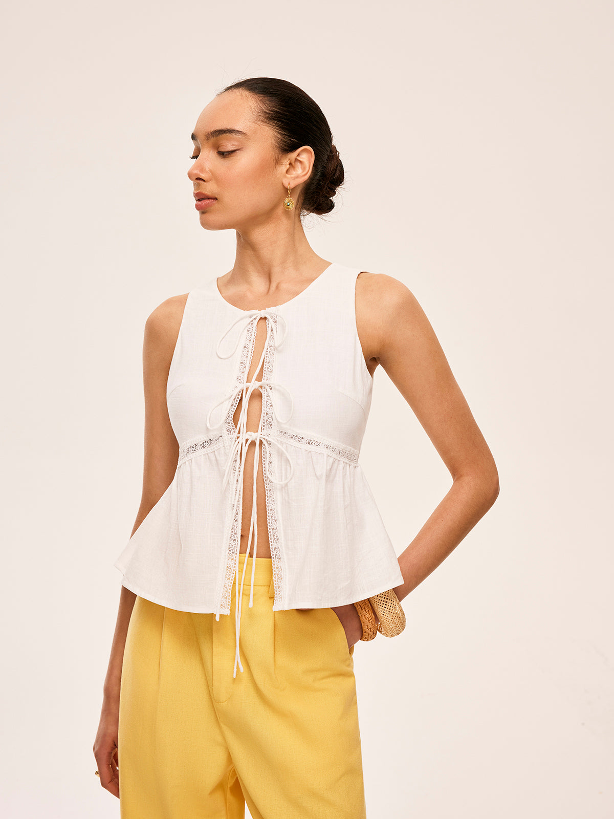 Cotton Lace-Up Detail Semi-Sheer Top