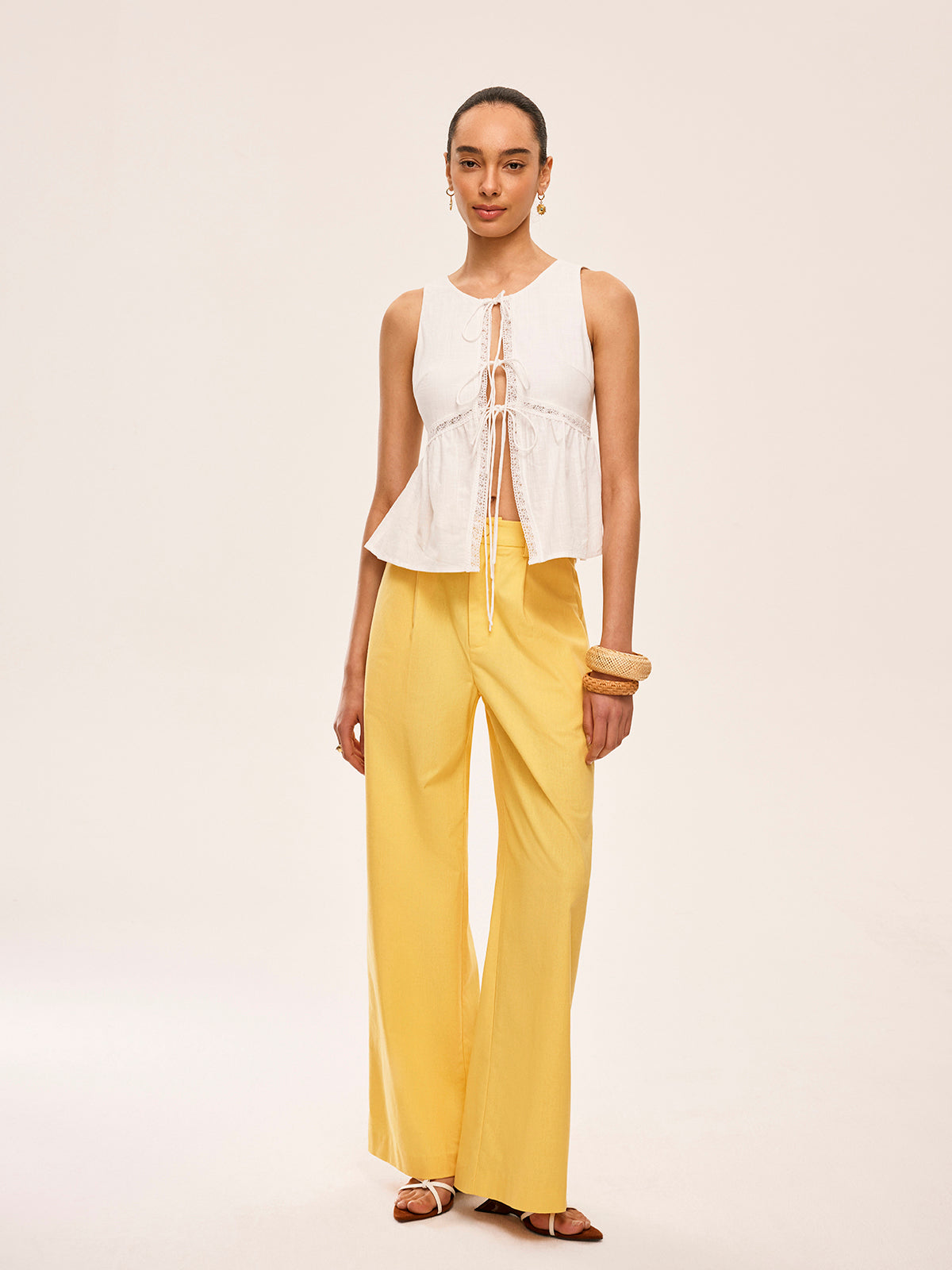 Cotton Lace-Up Detail Semi-Sheer Top