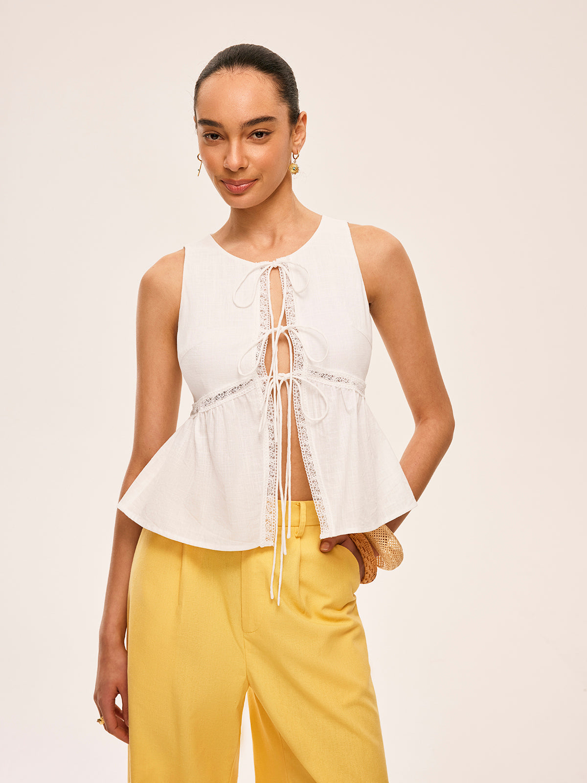 Cotton Lace-Up Detail Semi-Sheer Top