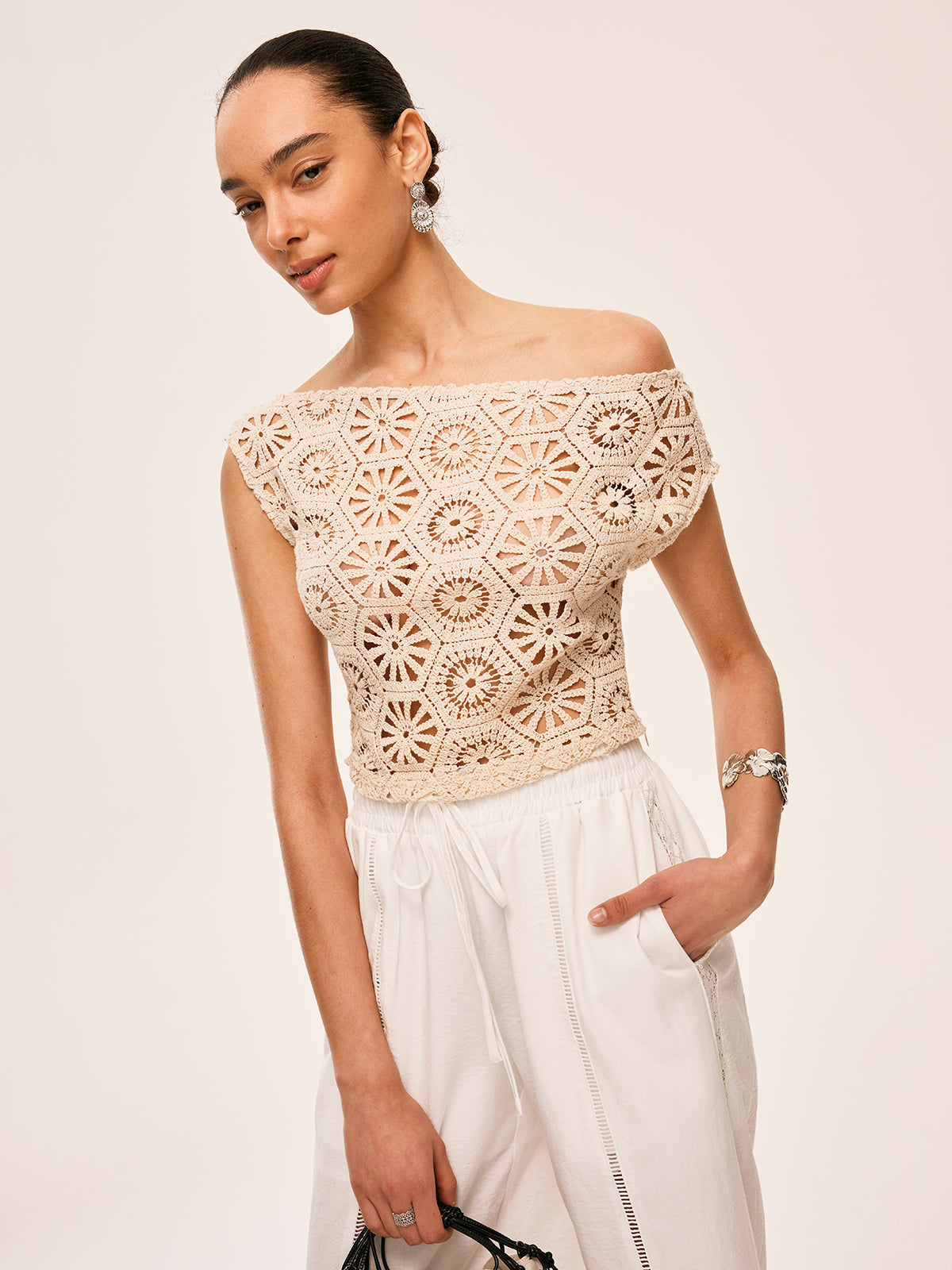 Asymmetrical Off-Shoulder Semi-Sheer Crochet Top