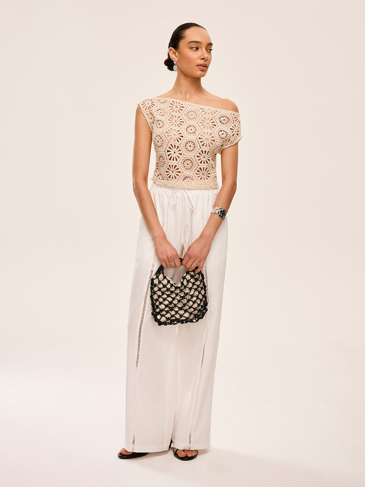 Asymmetrical Off-Shoulder Semi-Sheer Crochet Top