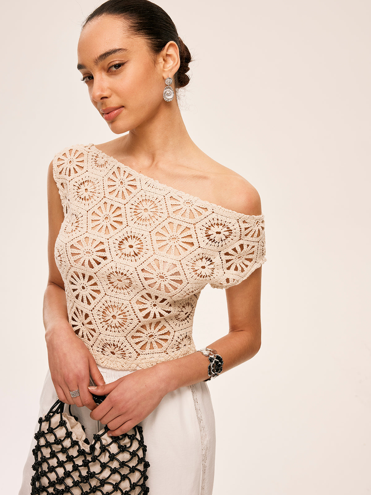 Asymmetrical Off-Shoulder Semi-Sheer Crochet Top