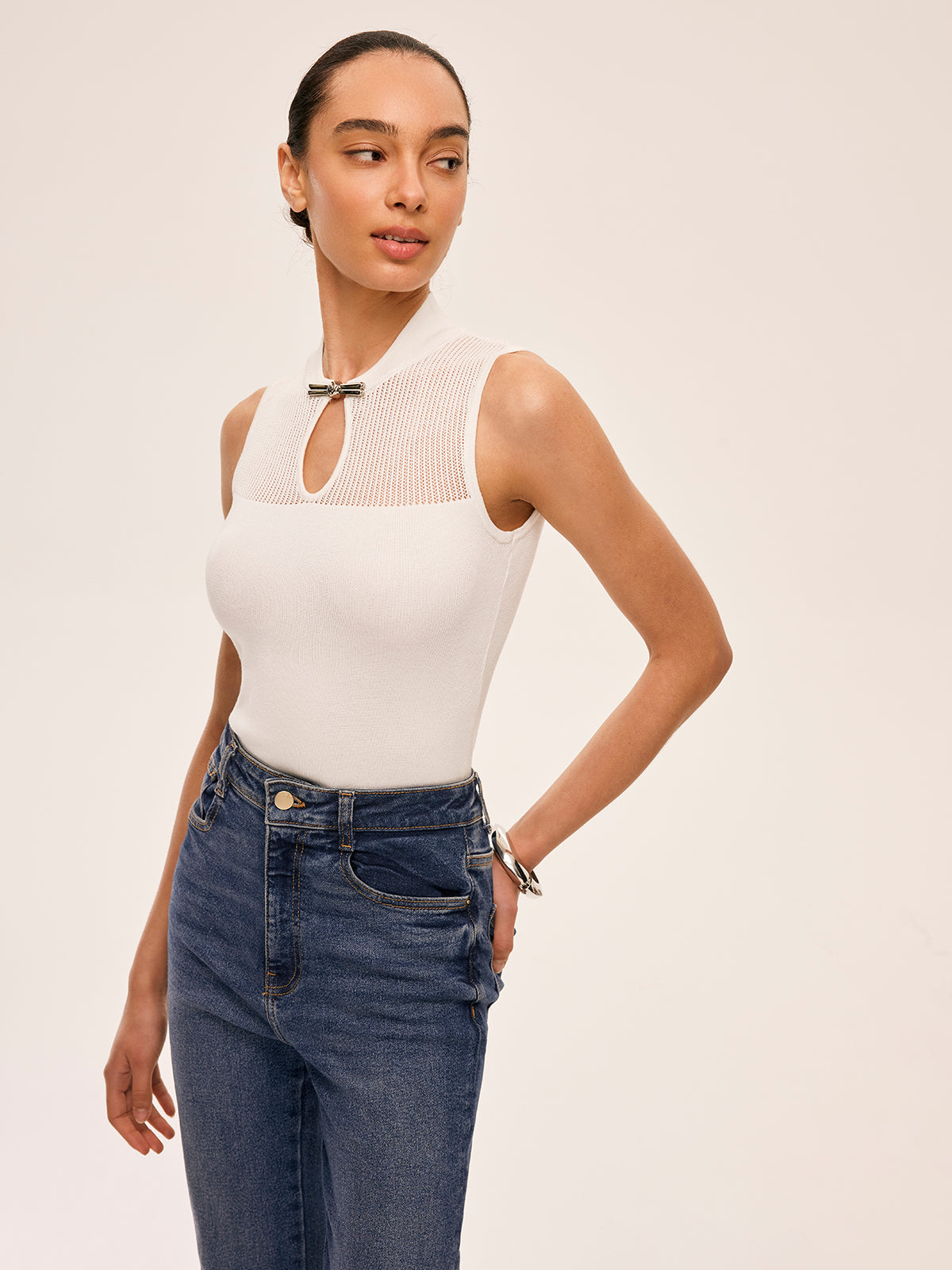 Mesh Detail Keyhole Neck Ribbed Top