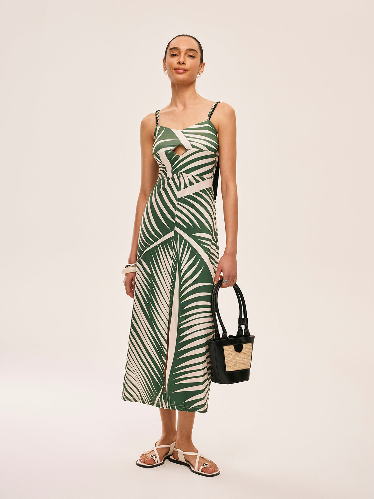 Robe à bretelles fendue avec détails à pompons