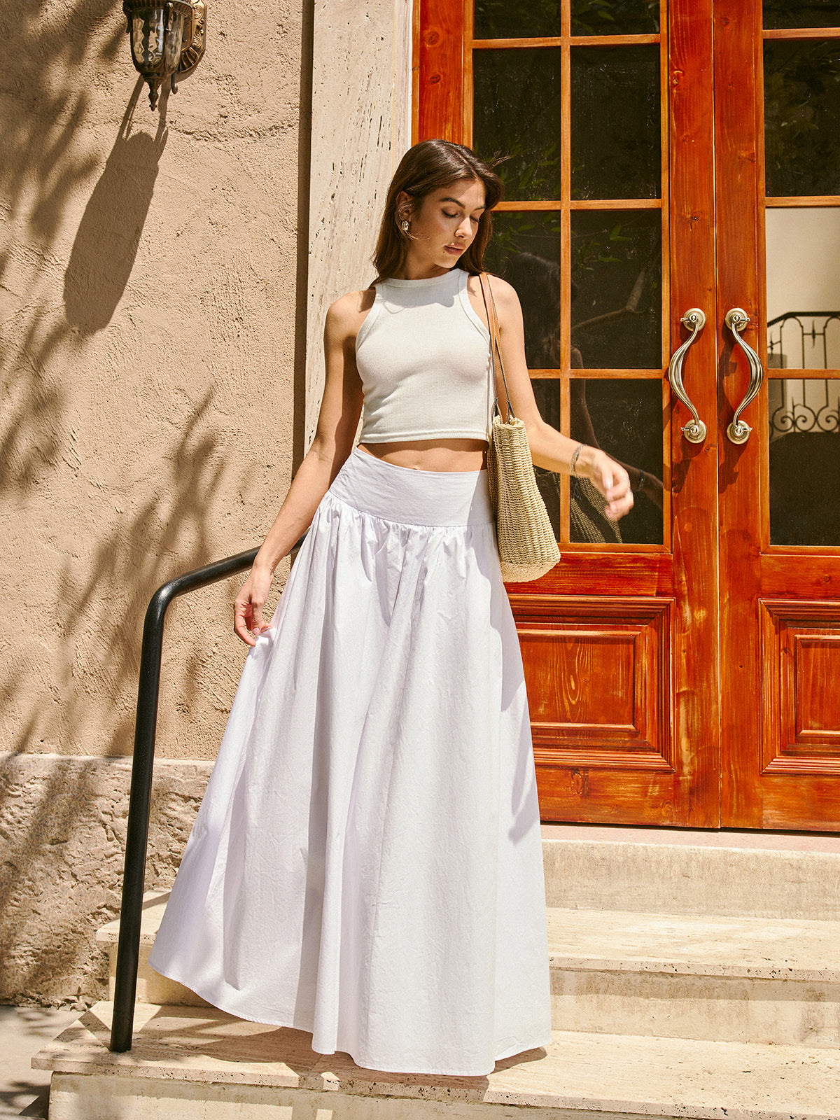 Jupe longue plissée en coton taille mi-haute