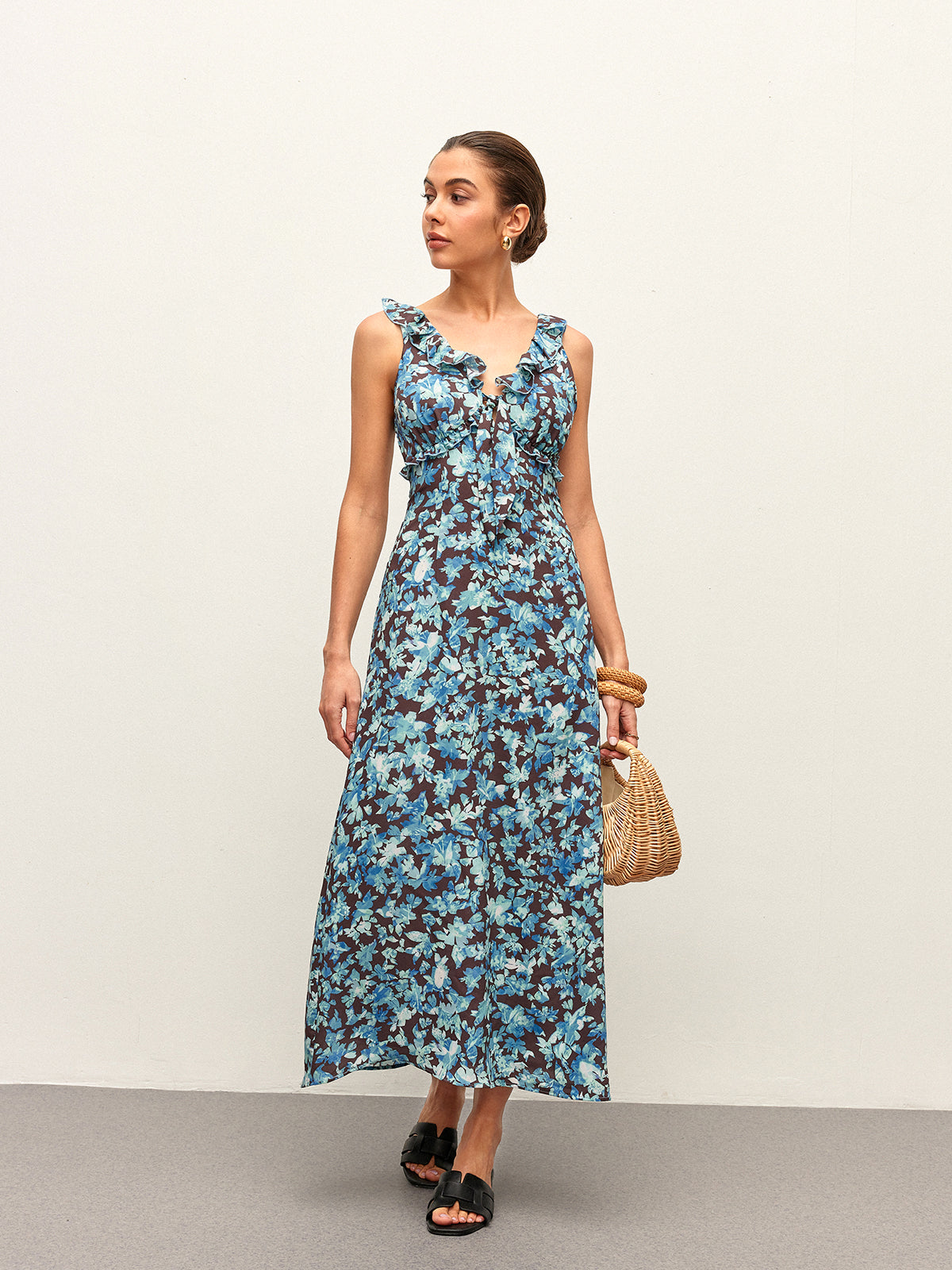 Robe florale à col en V avec bordure en laitue et fermeture éclair