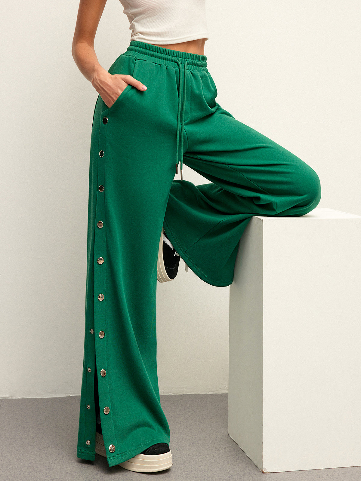 Mid-Waist Drawstring Sweatpants With Button Side Detail