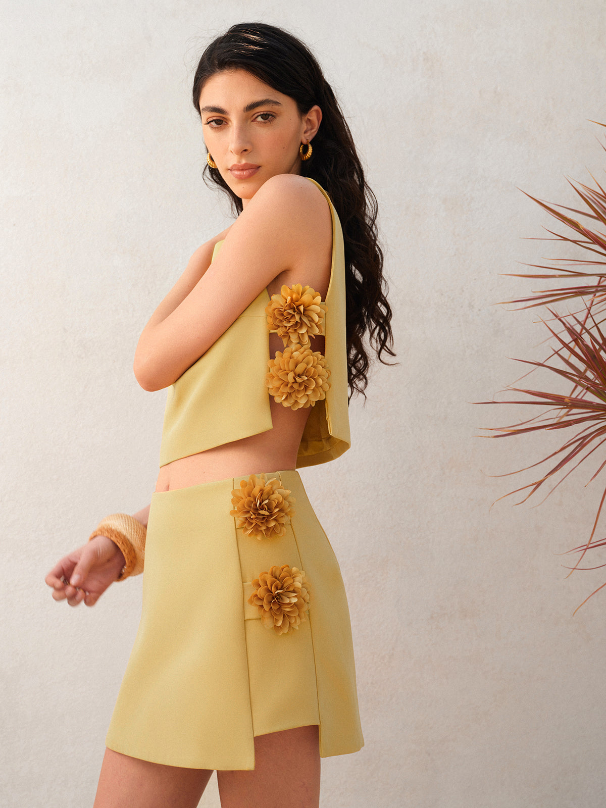 3D Floral Embellished Short Skirt Set