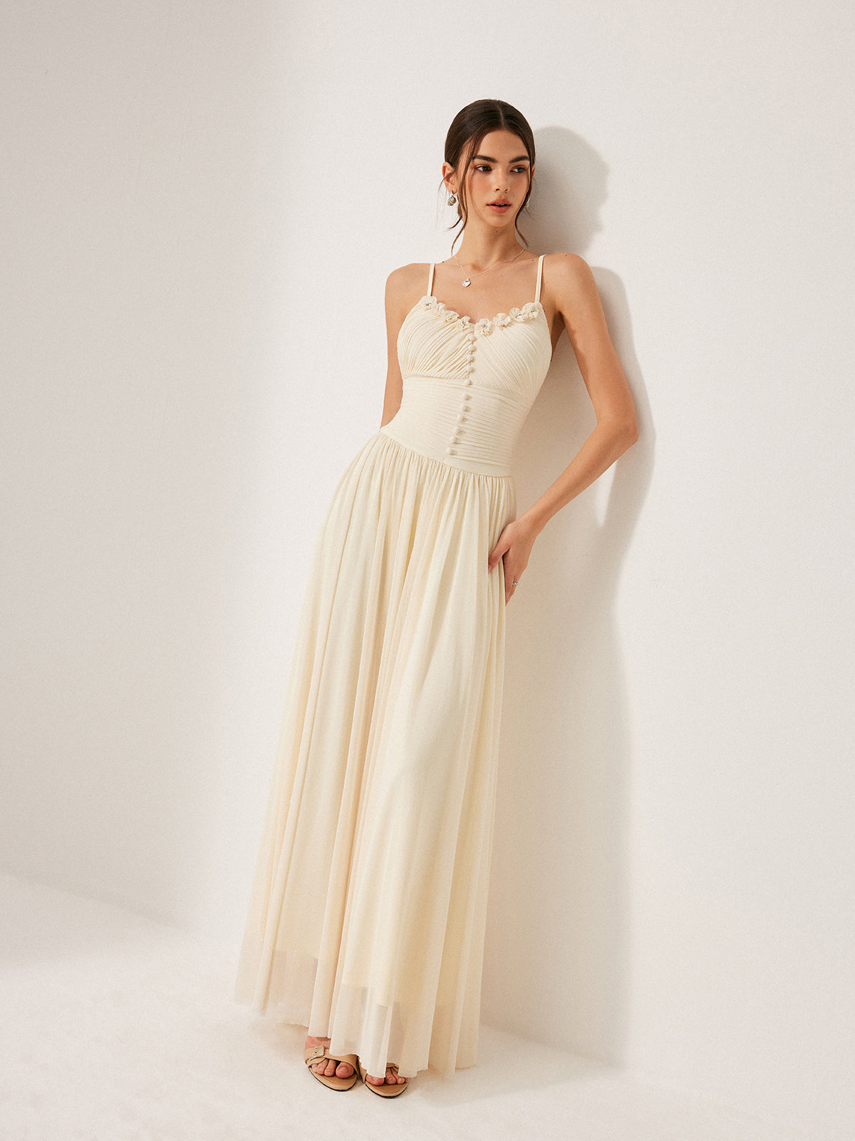 Button-Detail Mesh Panel Dress