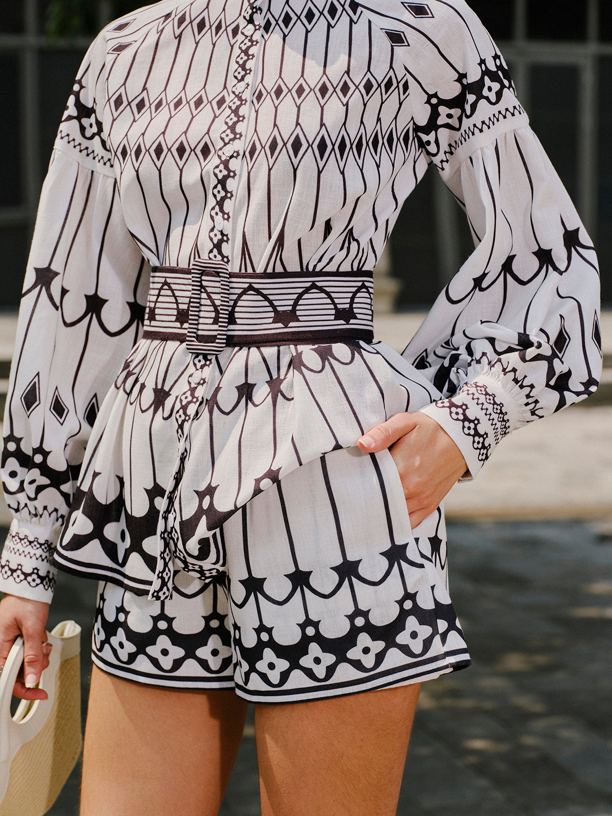 Linen Blend Long Sleeve Belted Shorts Set