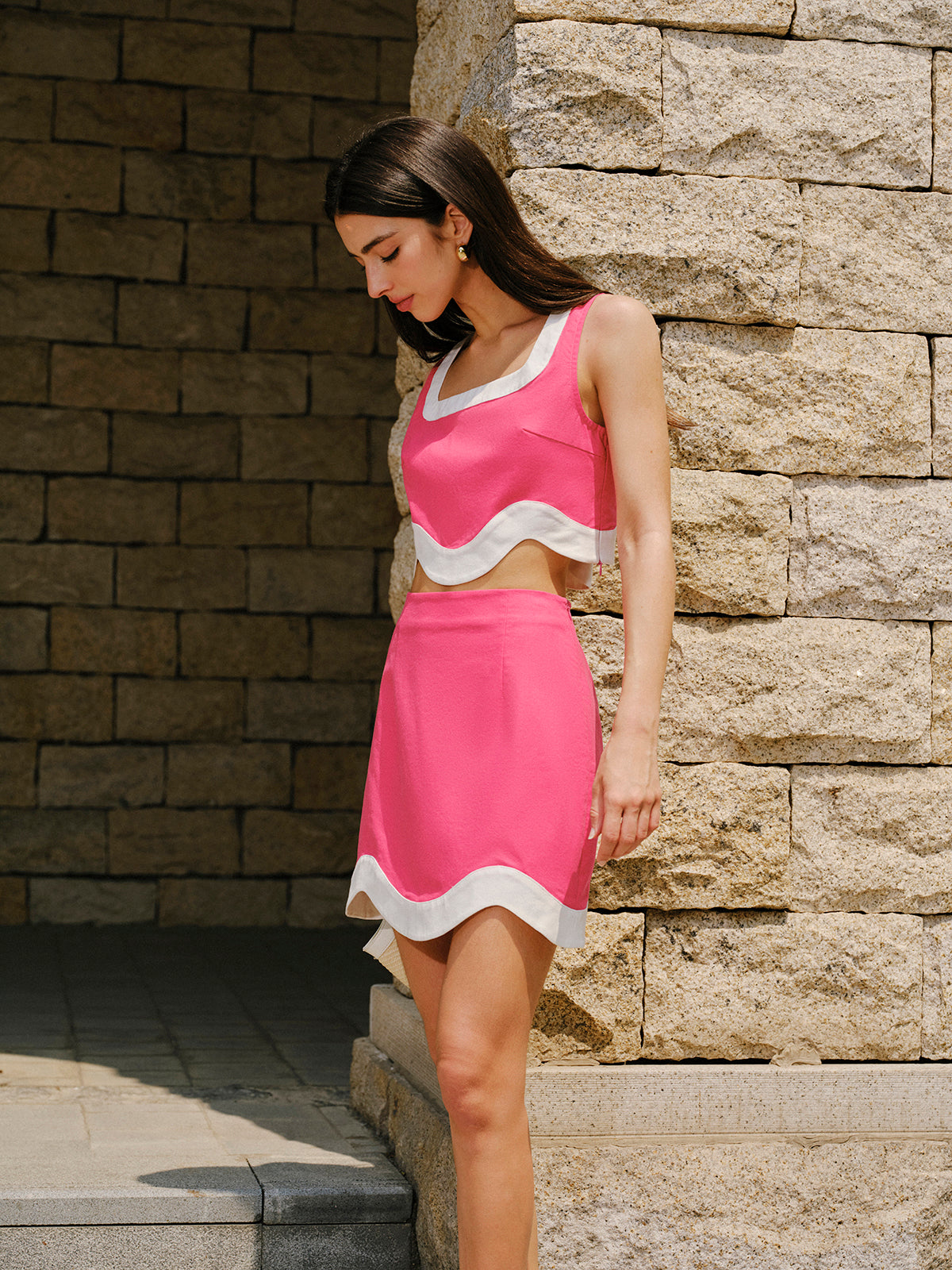 Ensemble jupe en coton et lin à bordure color block