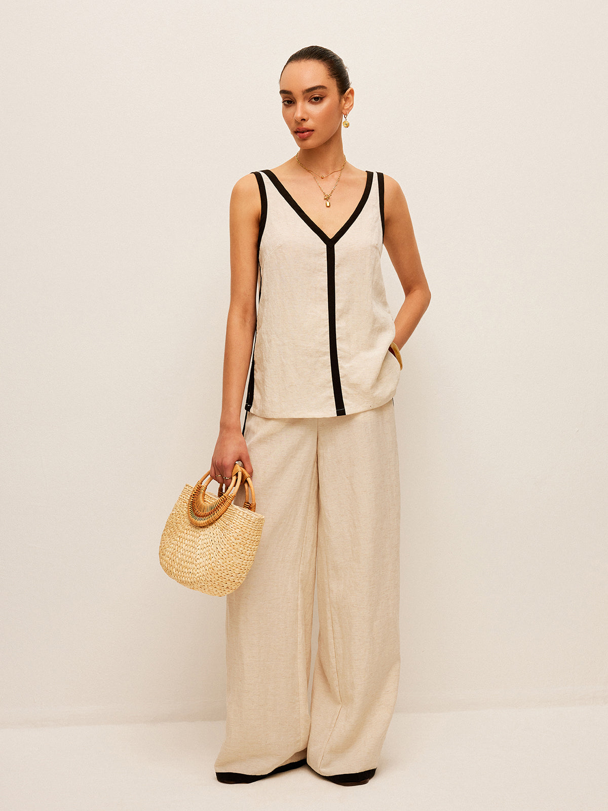 Cotton & Linen Contrast Trim V-Neck Pants Set