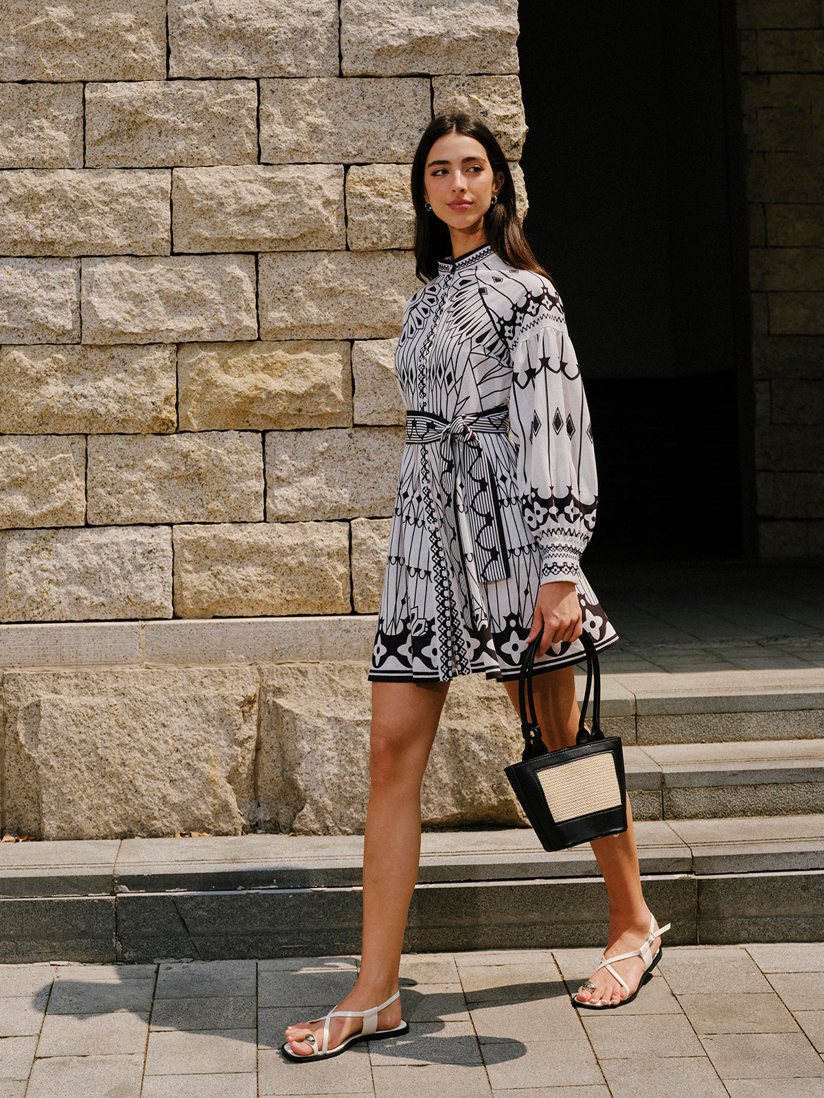 Linen Blend Long Sleeve Belted Dress