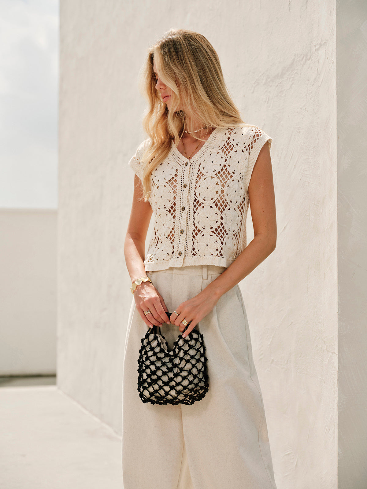 Semi-Sheer Jacquard Cut-Out V-Neck Tank Top