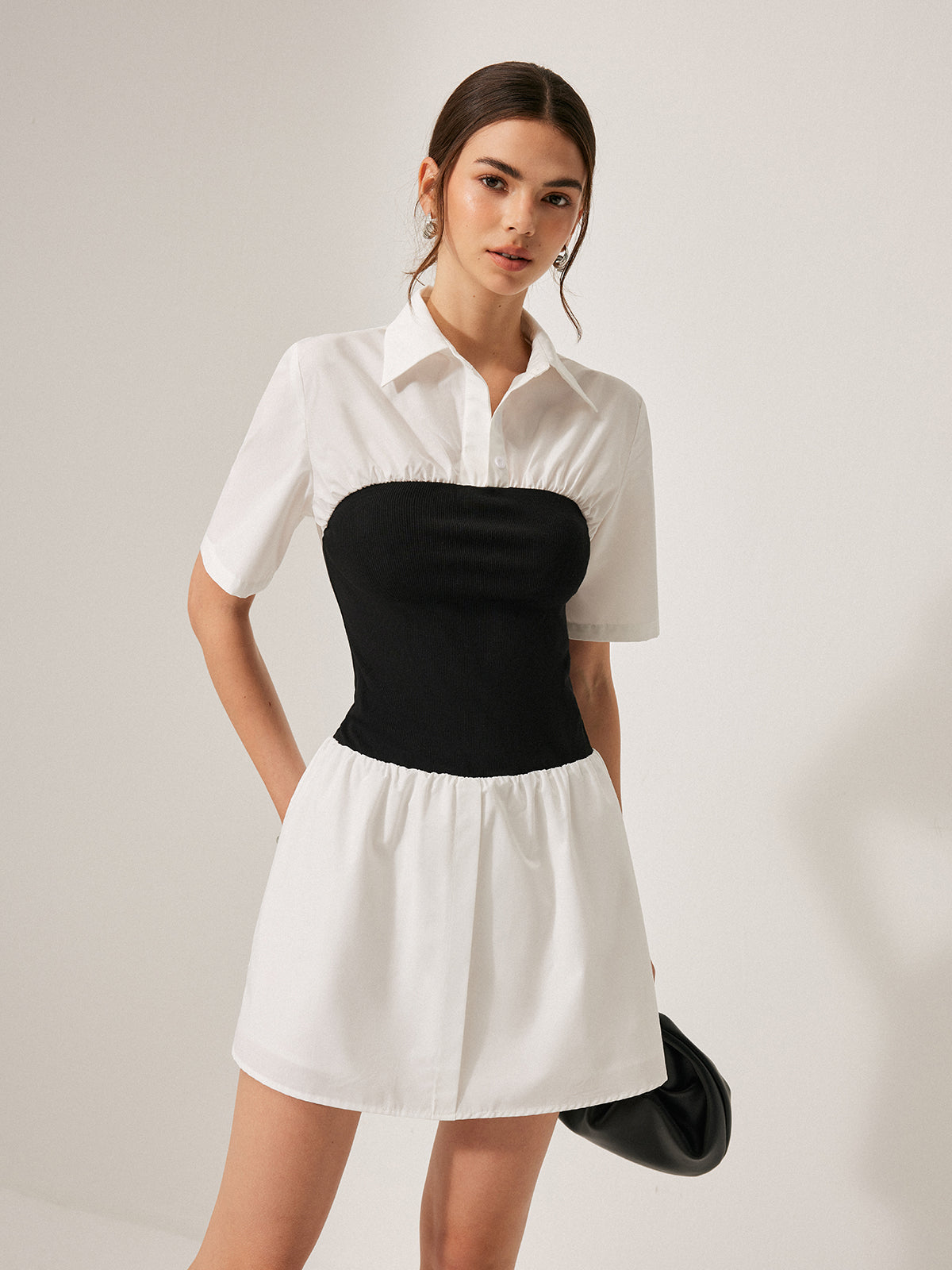 2 in 1 Panel Decor Button Lapel Shirt Dress