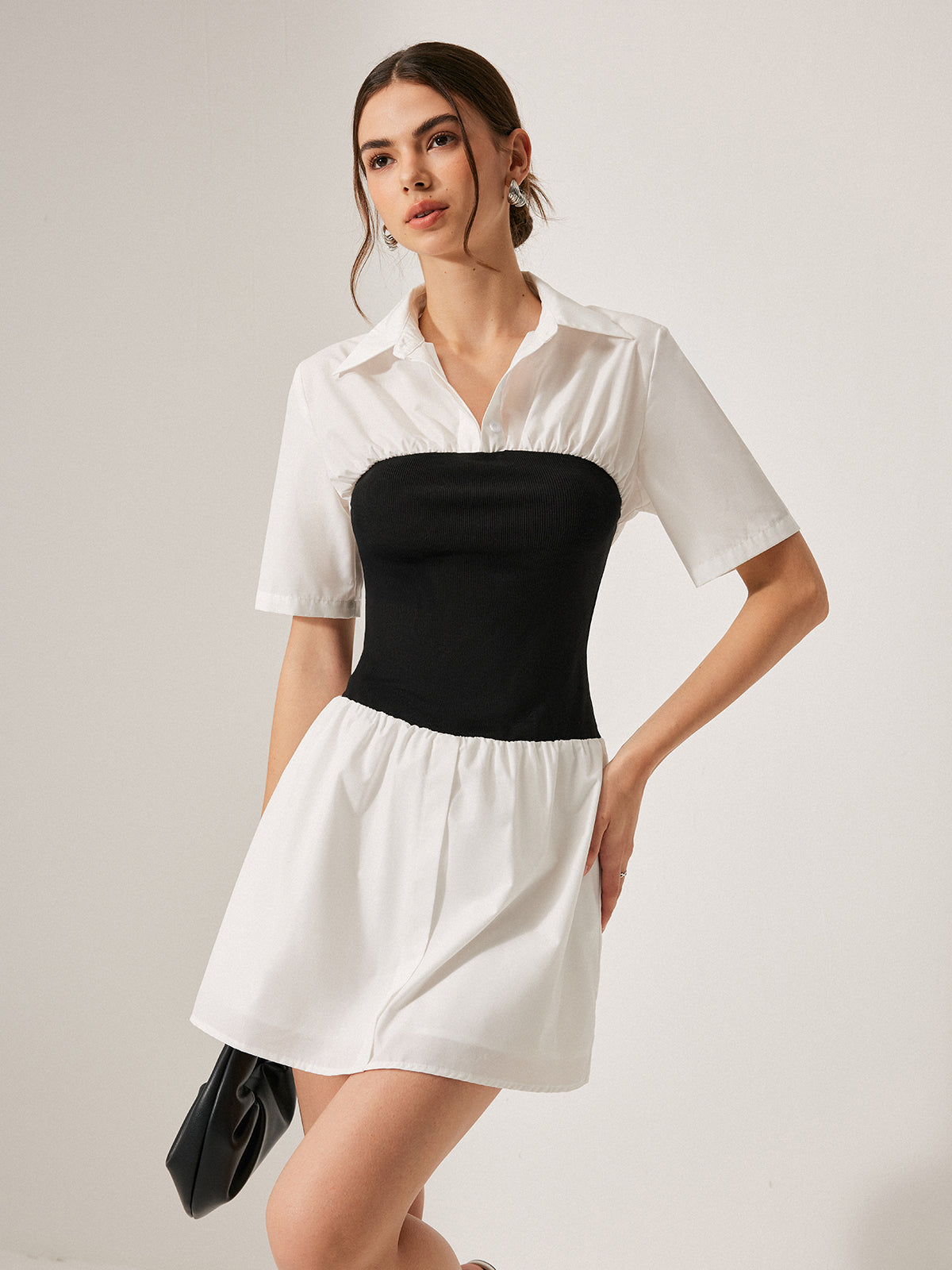 2 in 1 Panel Decor Button Lapel Shirt Dress