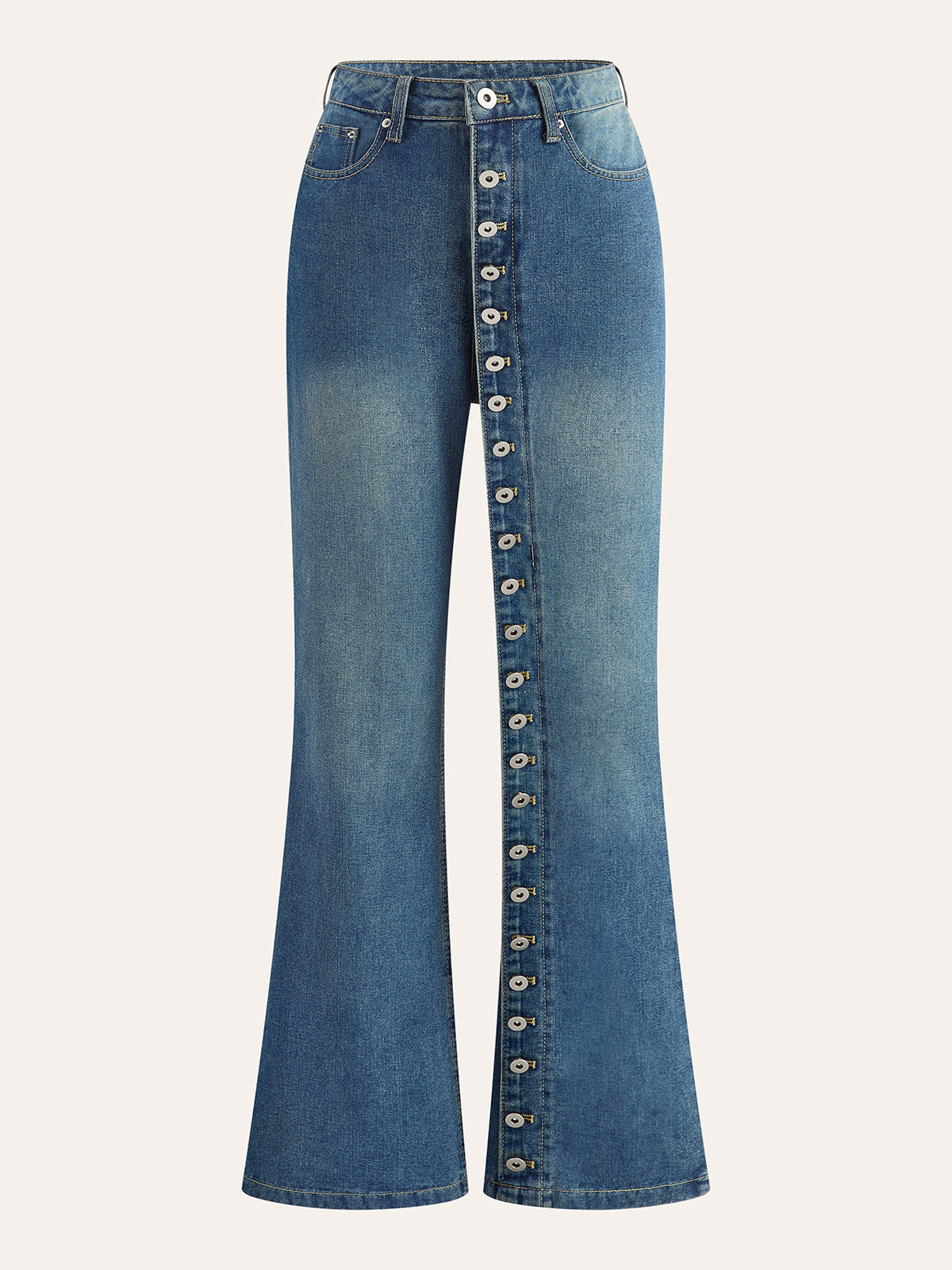 Mid-Waist Decor Button Zipper Flare Denim Jeans