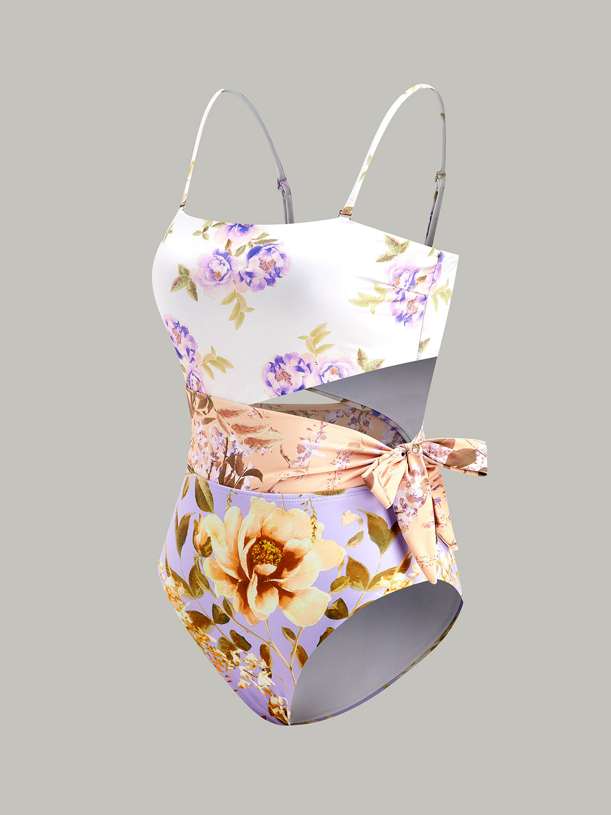 Maillot de bain une pièce à bretelles fines avec découpes et nœud imprimés