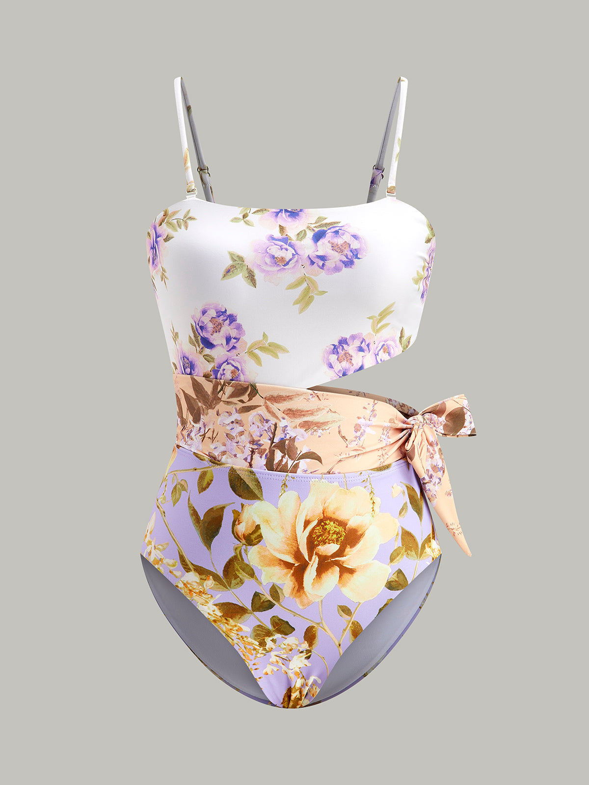 Maillot de bain une pièce à bretelles fines avec découpes et nœud imprimés
