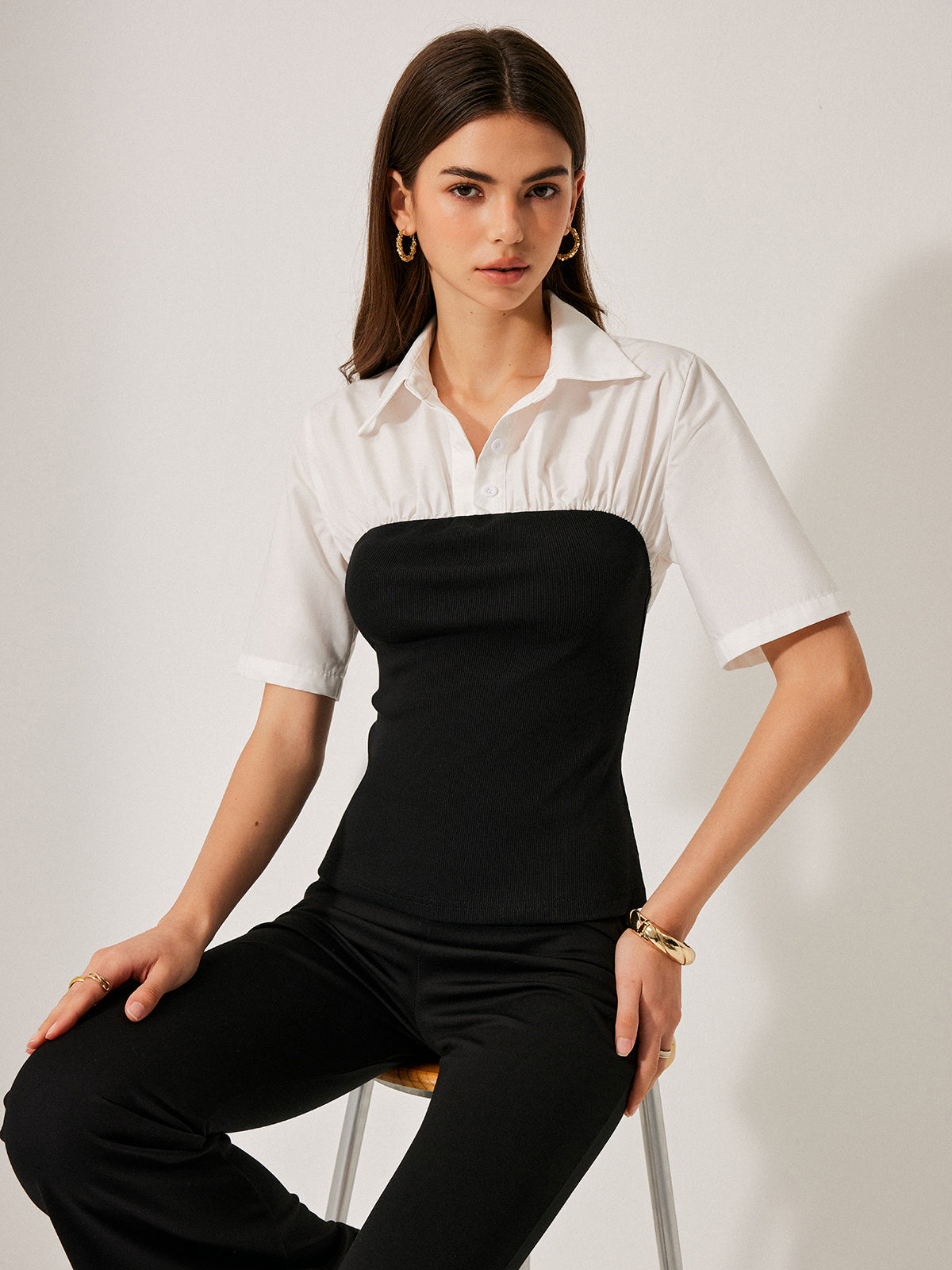 2 in 1 Panel Decor Button Lapel Blouse