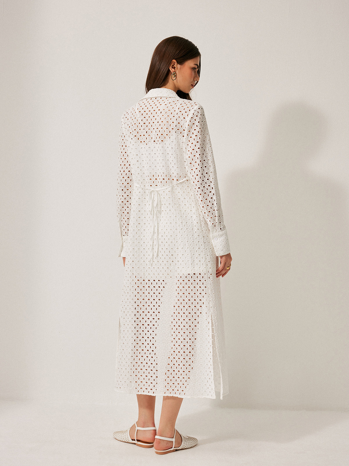 Semi-Sheer Cotton Hollow Panel Tie Back Lapel Dress