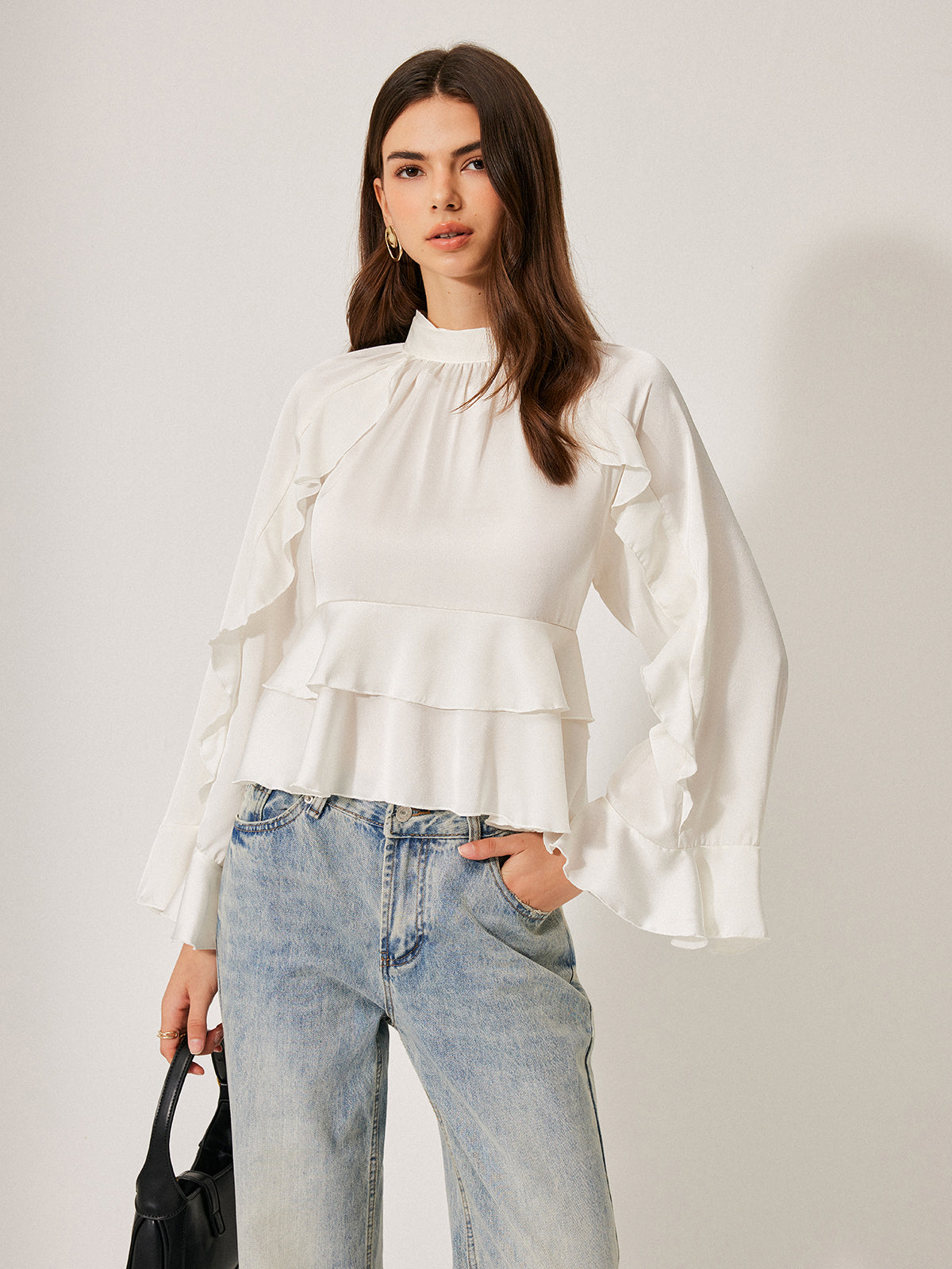 Stand Collar Button Ruffle Peplum Blouse