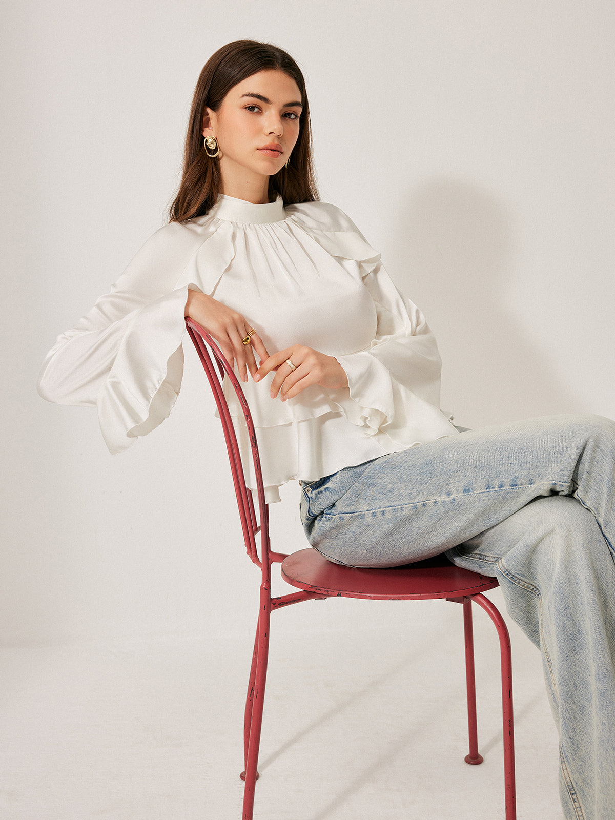 Stand Collar Button Ruffle Peplum Blouse