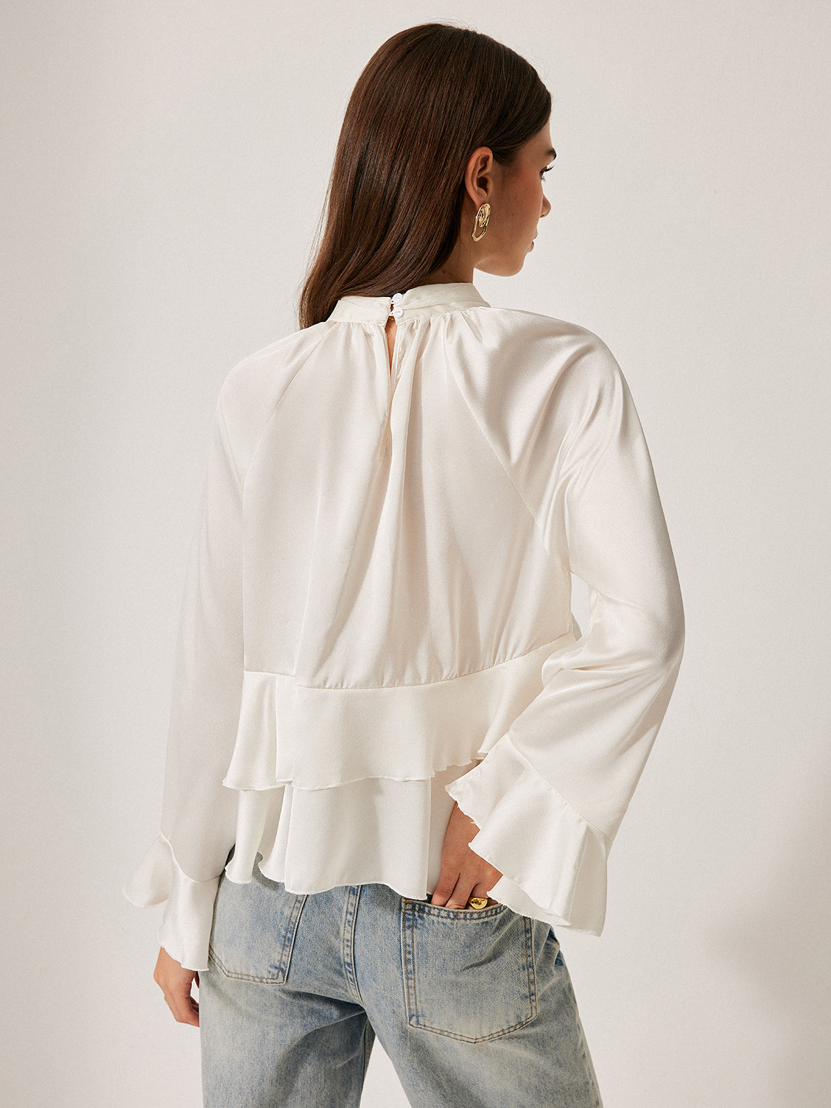 Stand Collar Button Ruffle Peplum Blouse