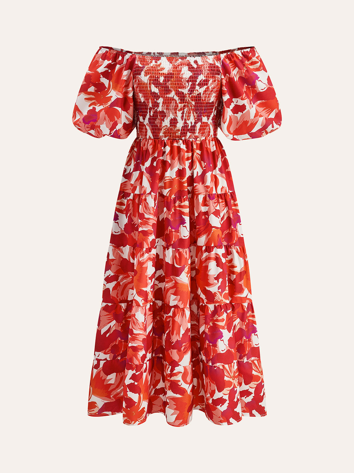 Robe fleurie à épaules dénudées et smocks