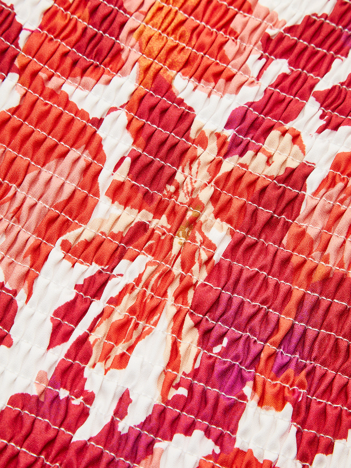 Robe fleurie à épaules dénudées et smocks