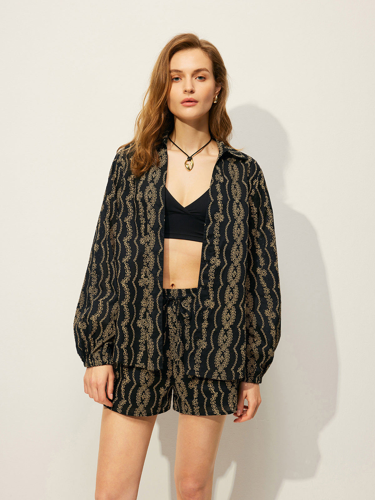 Bedrucktes Hemd-Shorts-Set ohne Gürtel