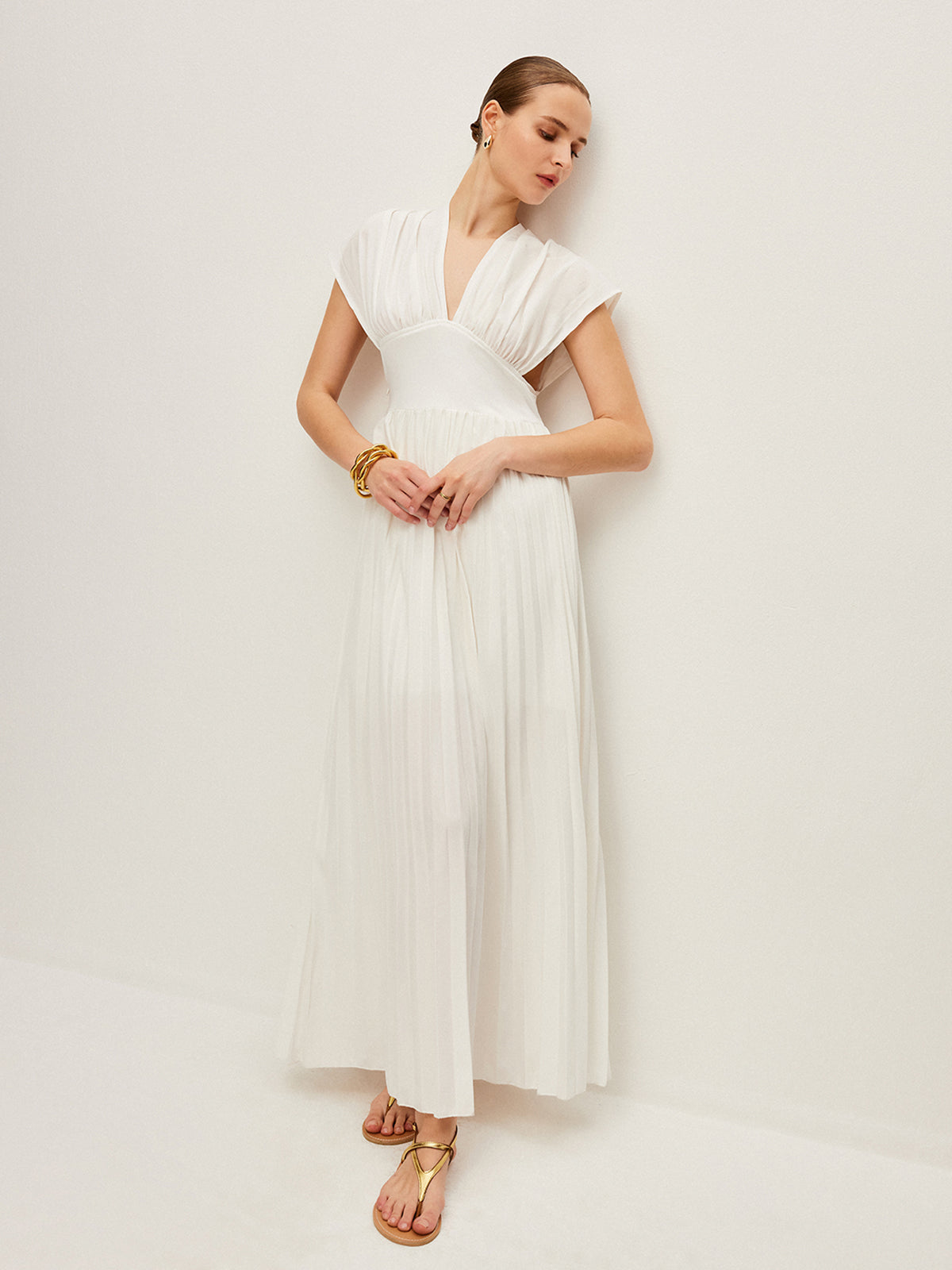 Pleated Cap-Sleeve Dress