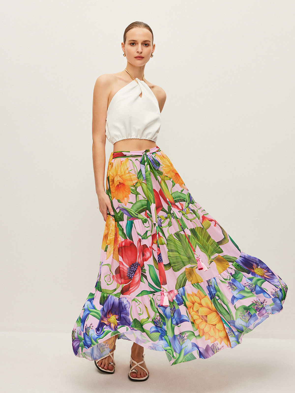 Halbtransparenter Chiffonrock mit Blumenprint und Gürtel