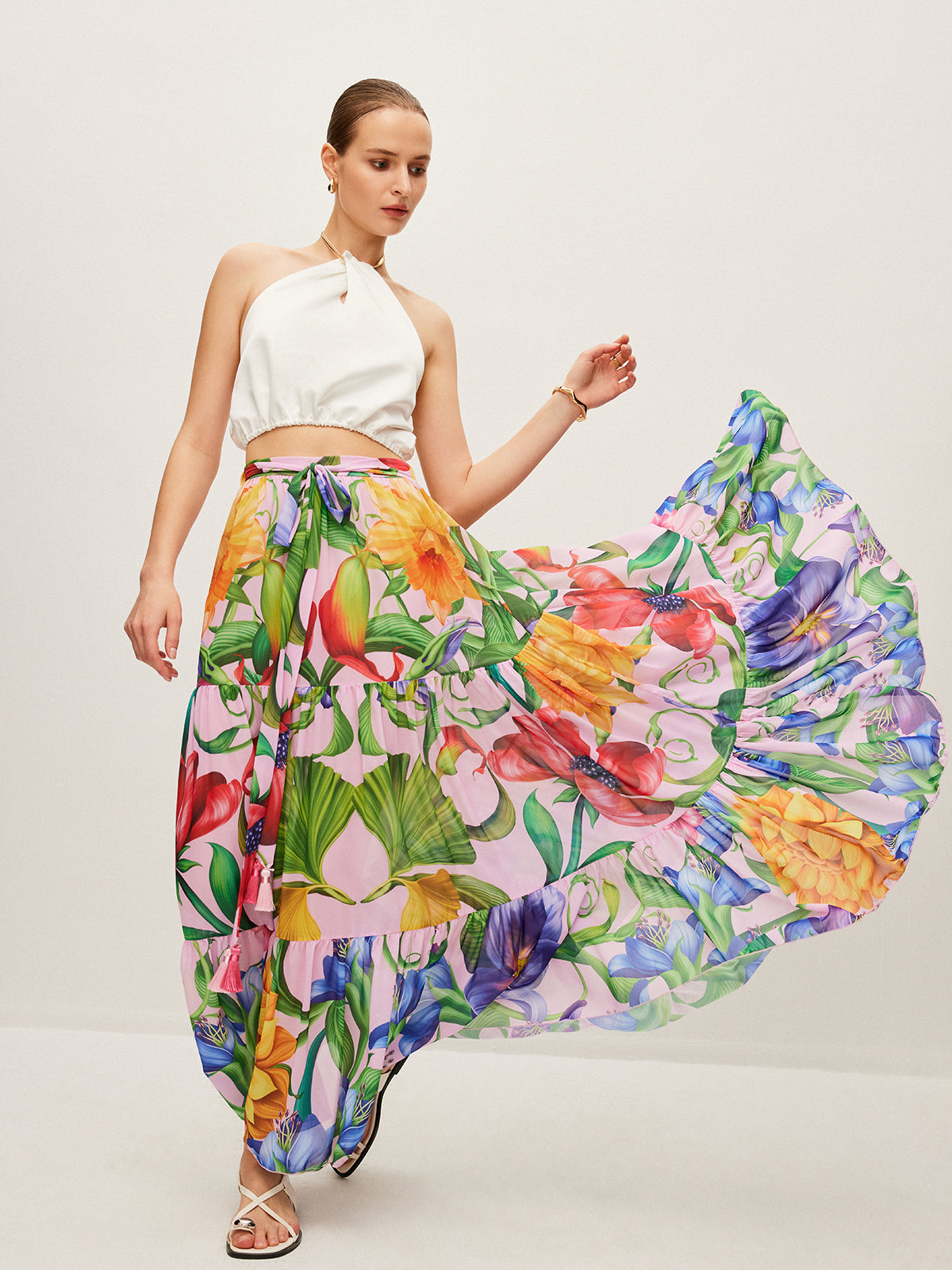 Jupe en mousseline de soie semi-transparente à imprimé floral et ceinture