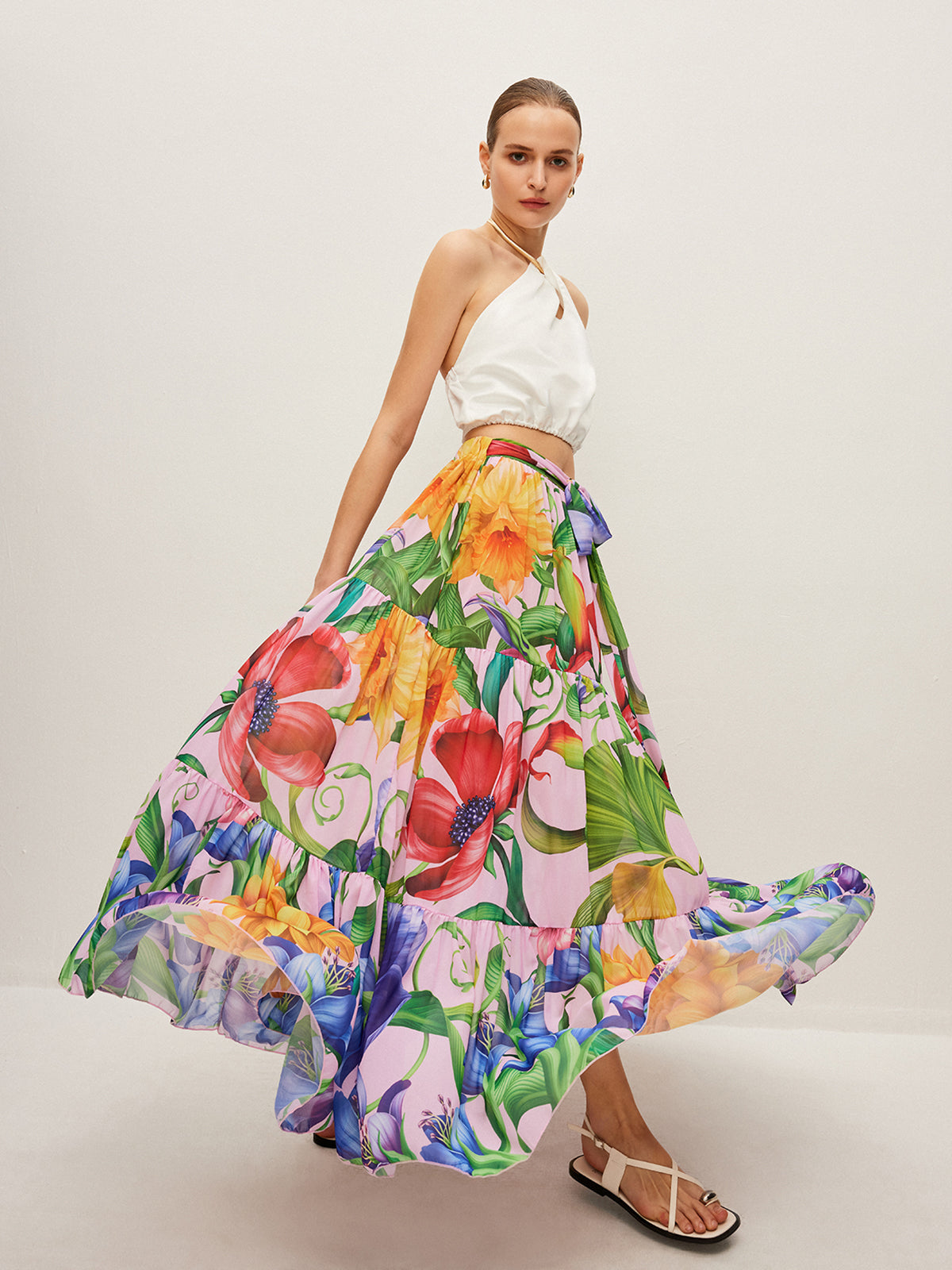 Halbtransparenter Chiffonrock mit Blumenprint und Gürtel