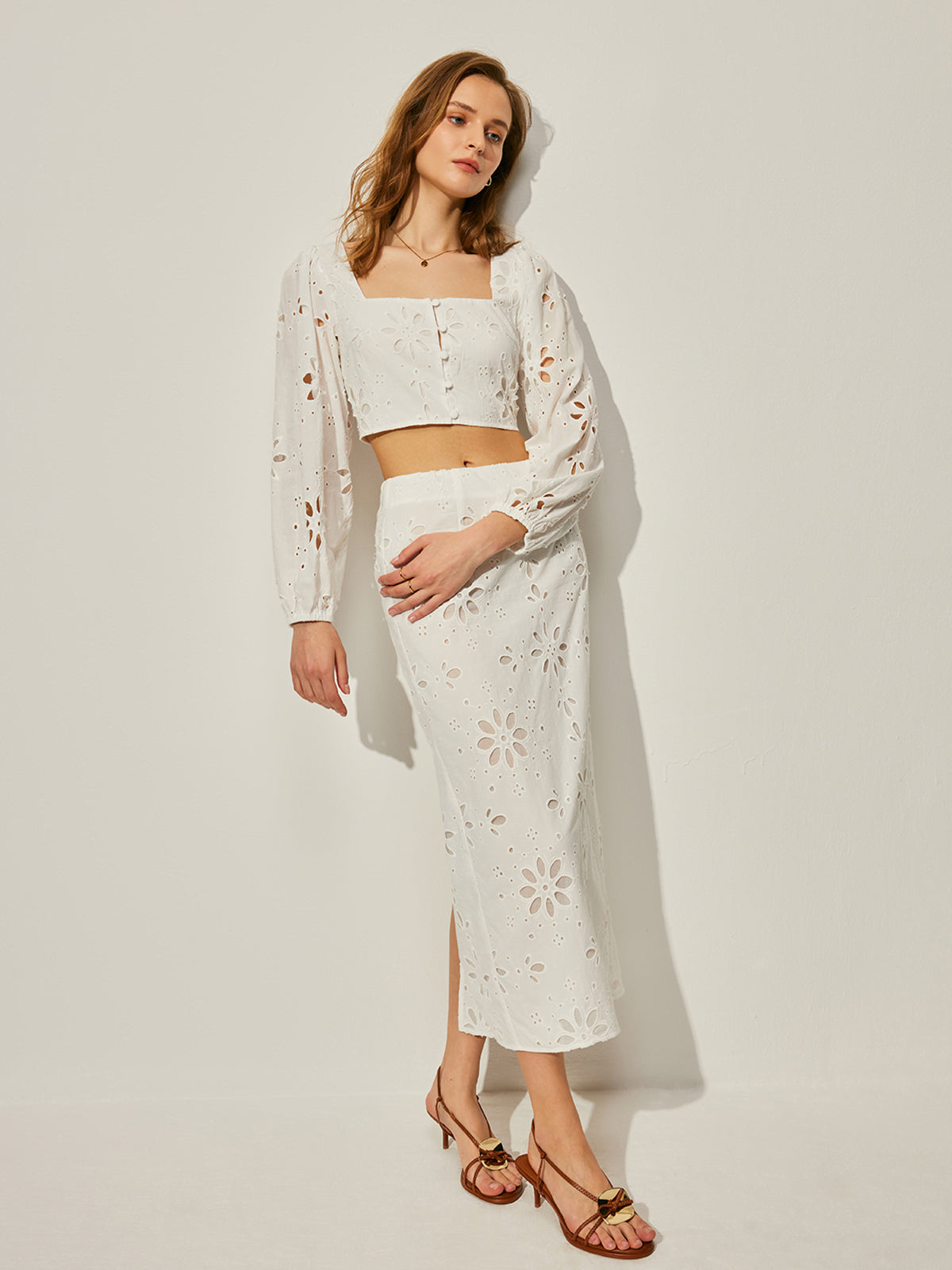 Cotton Hollow Floral Skirt Set