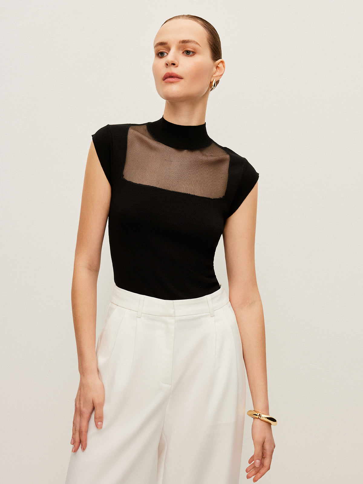 Mesh Panel Mock Neck Top