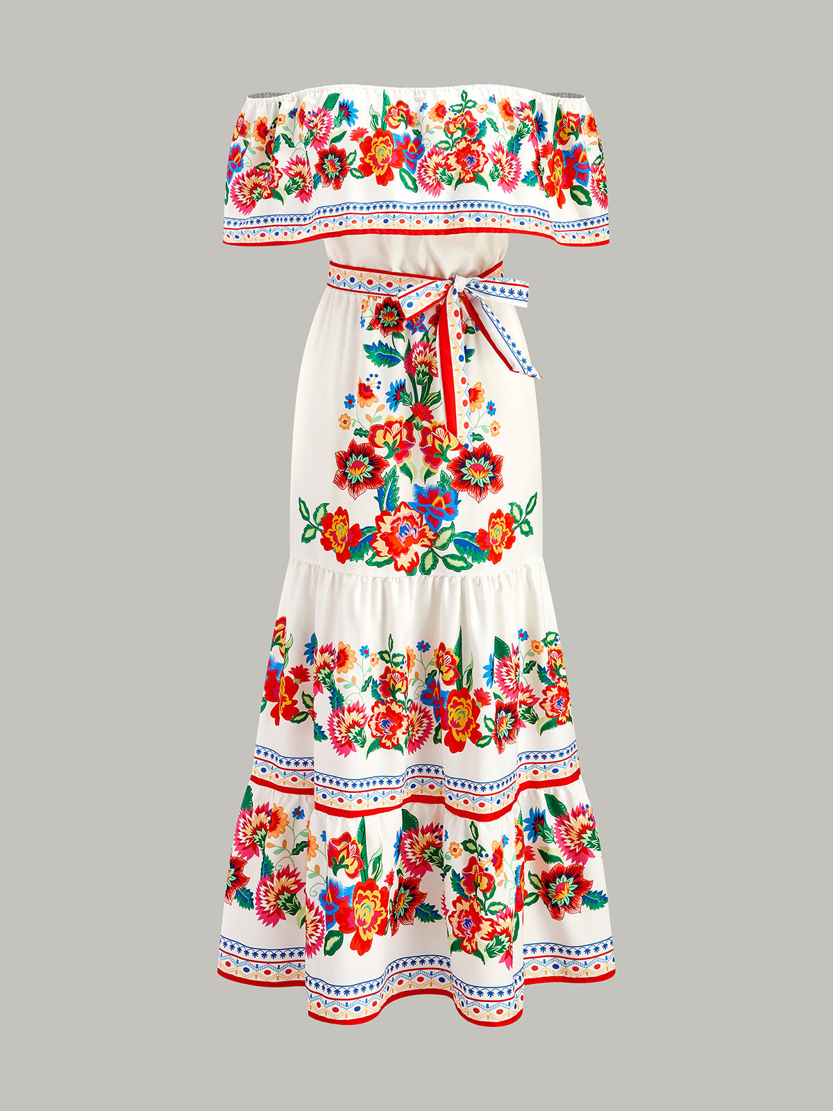 Schulterfreies Kleid mit Blumenmuster und Gürtel