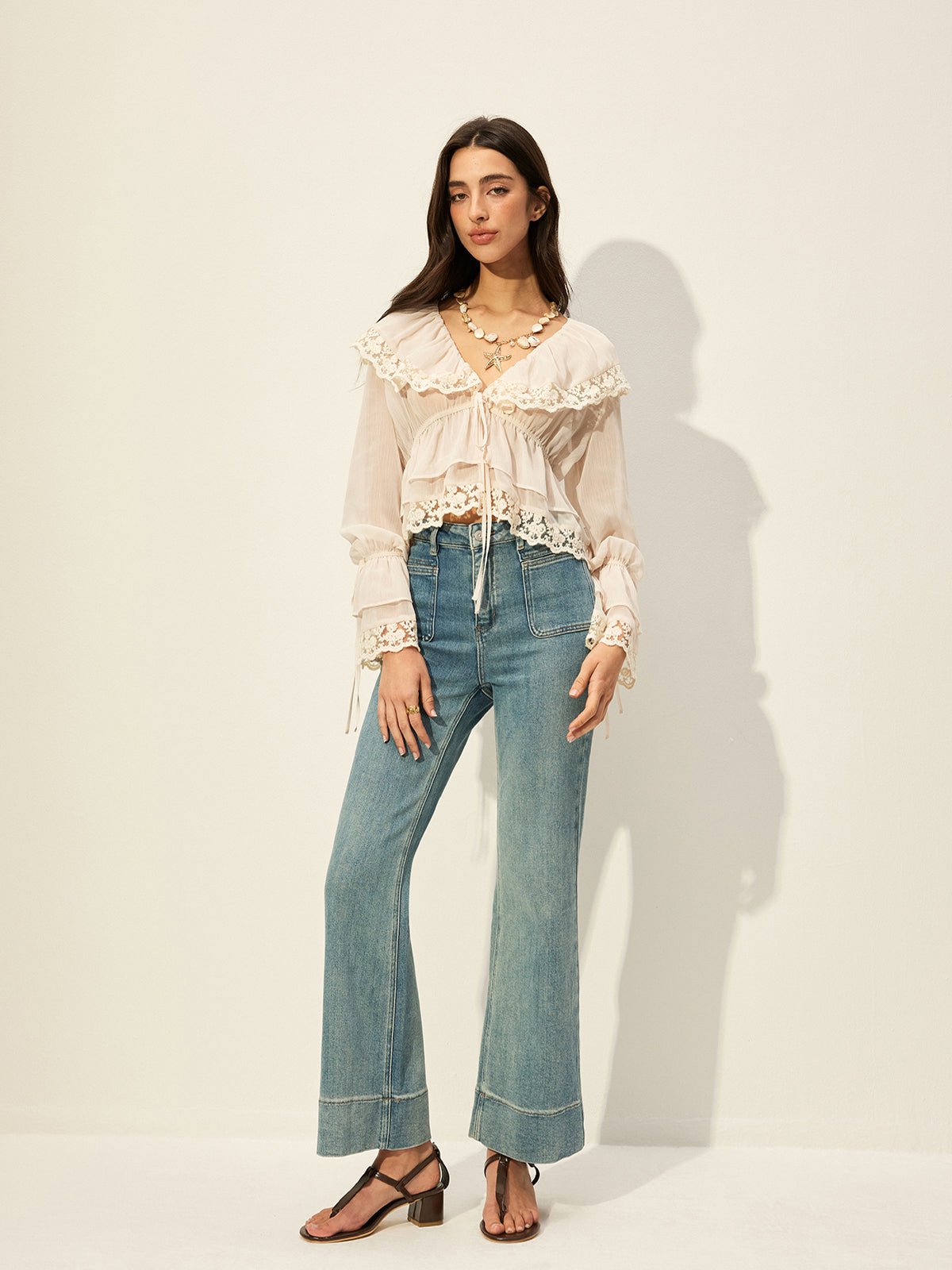 Semi-Sheer Chiffon Lace Detail Top