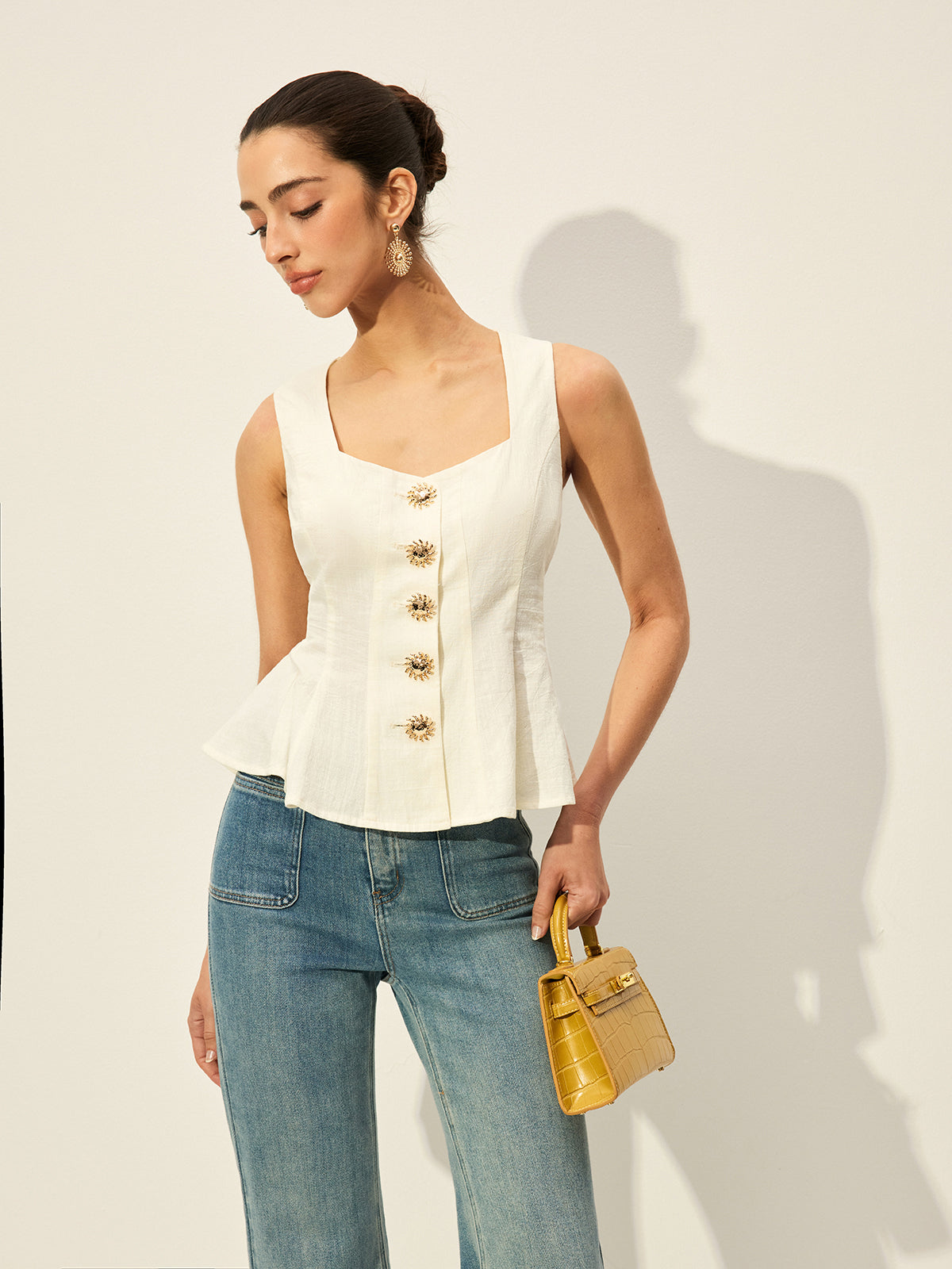 Peplum-Top mit eckigem Ausschnitt und Knopfleiste