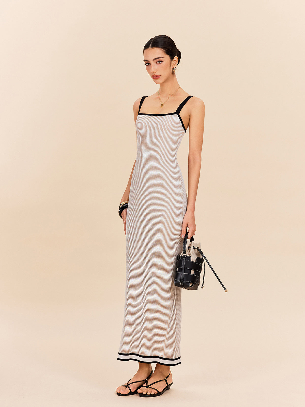 Striped Contrast Trim Spaghetti Strap Sweater Dress