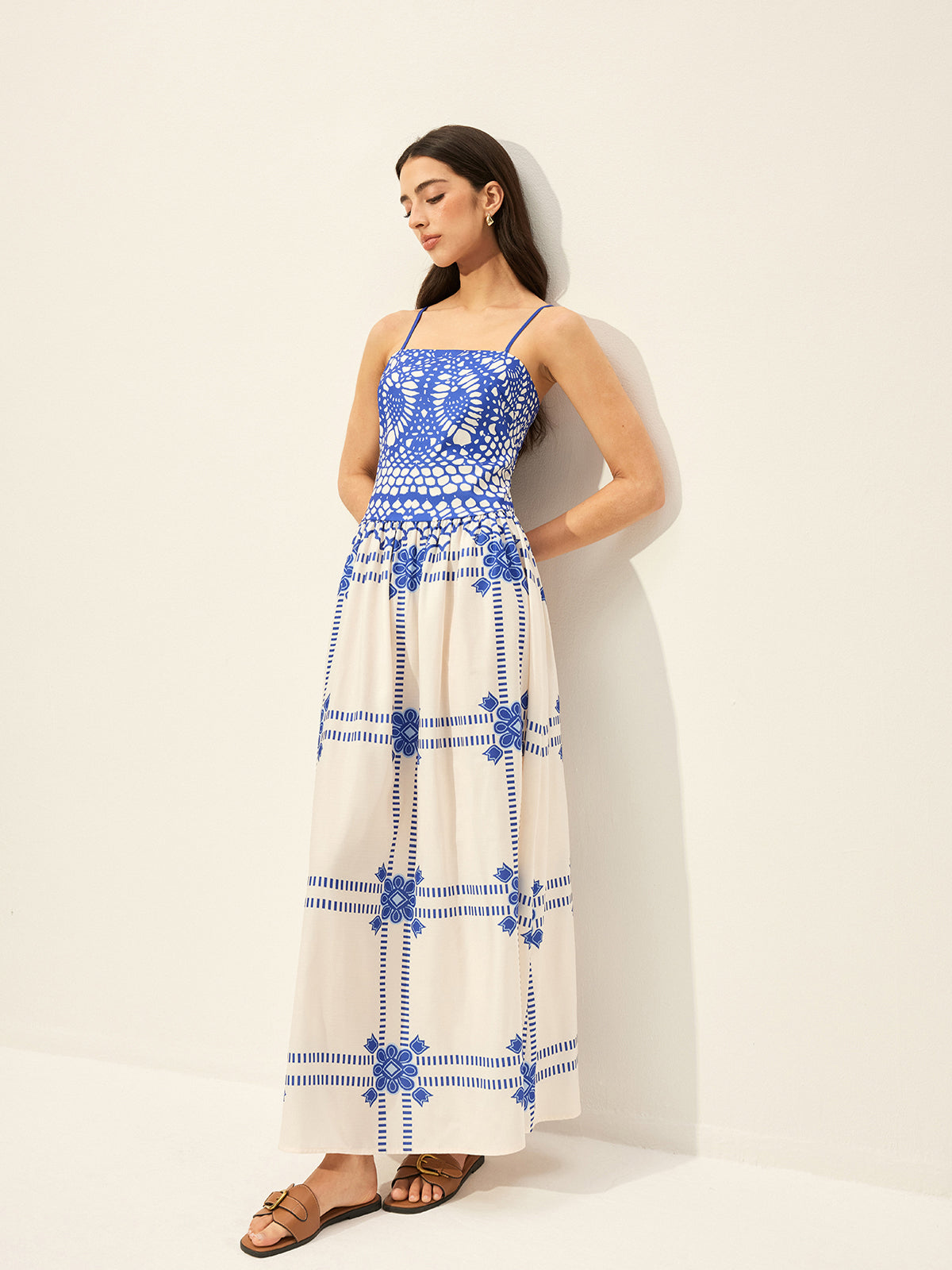 Robe imprimée à fines bretelles ajustables et fermeture éclair