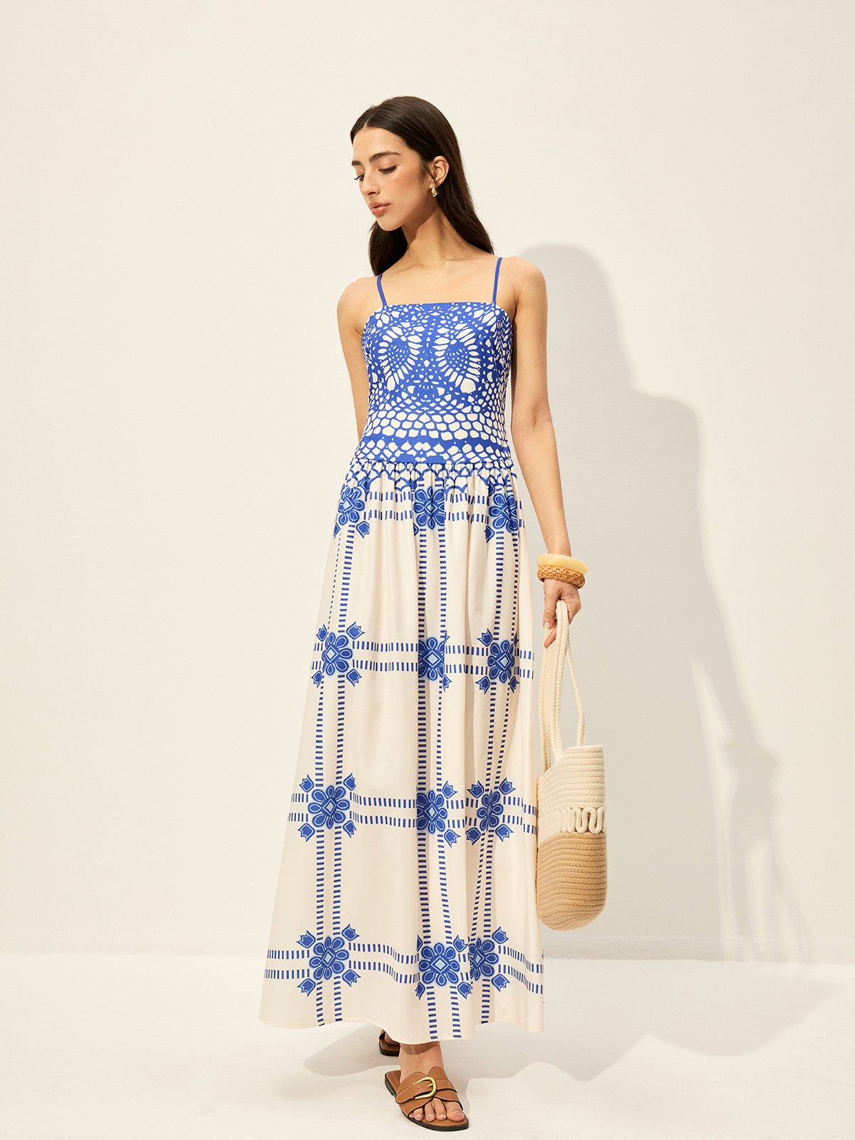 Robe imprimée à fines bretelles ajustables et fermeture éclair