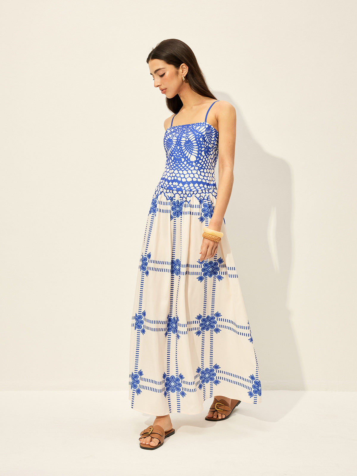 Robe imprimée à fines bretelles ajustables et fermeture éclair