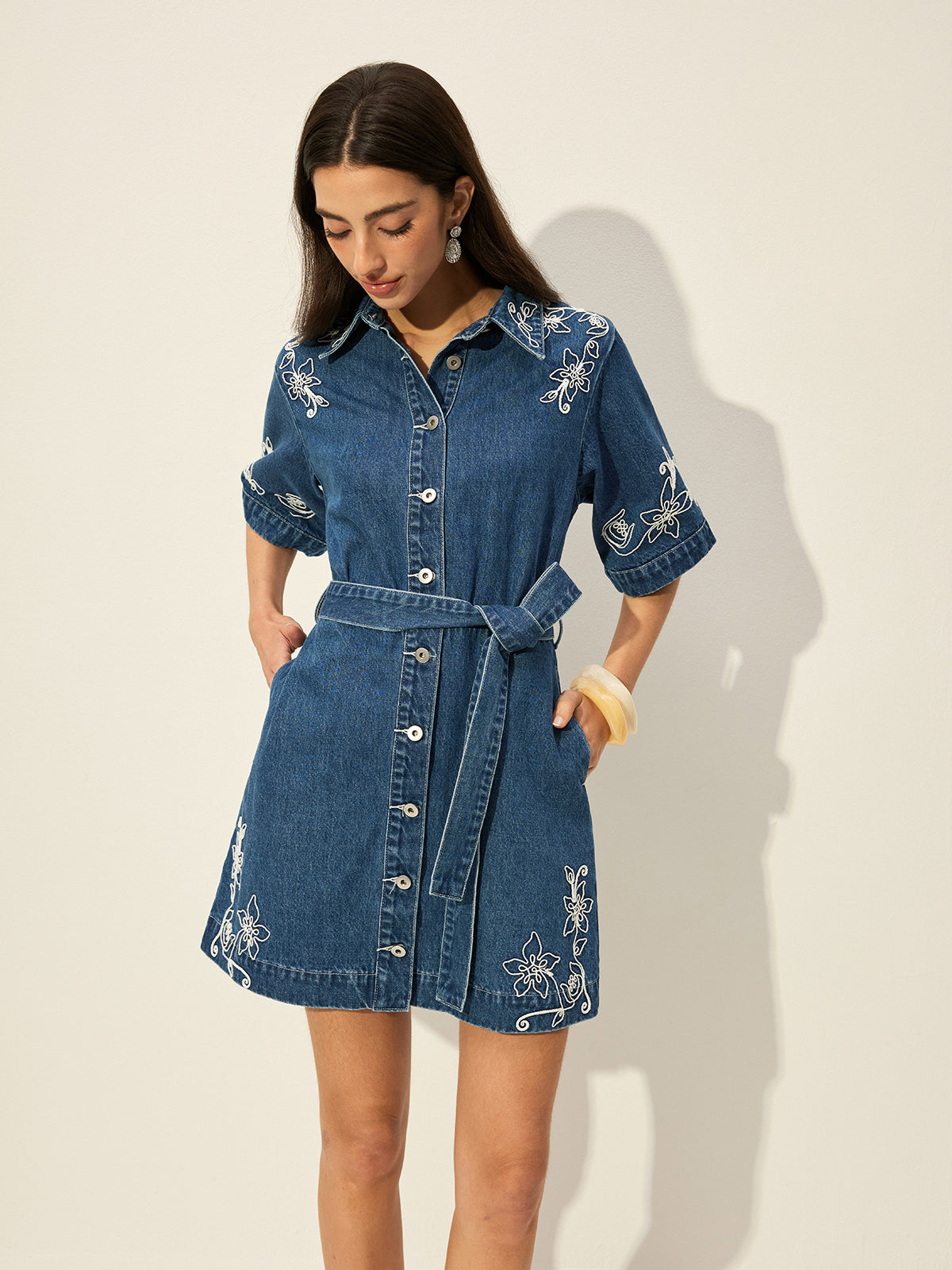 Embroidered Denim Shirt Dress With Belt