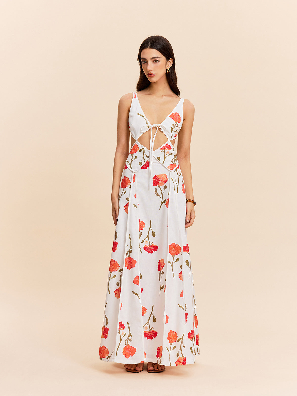 Robe découpée fleurie à nouer au dos